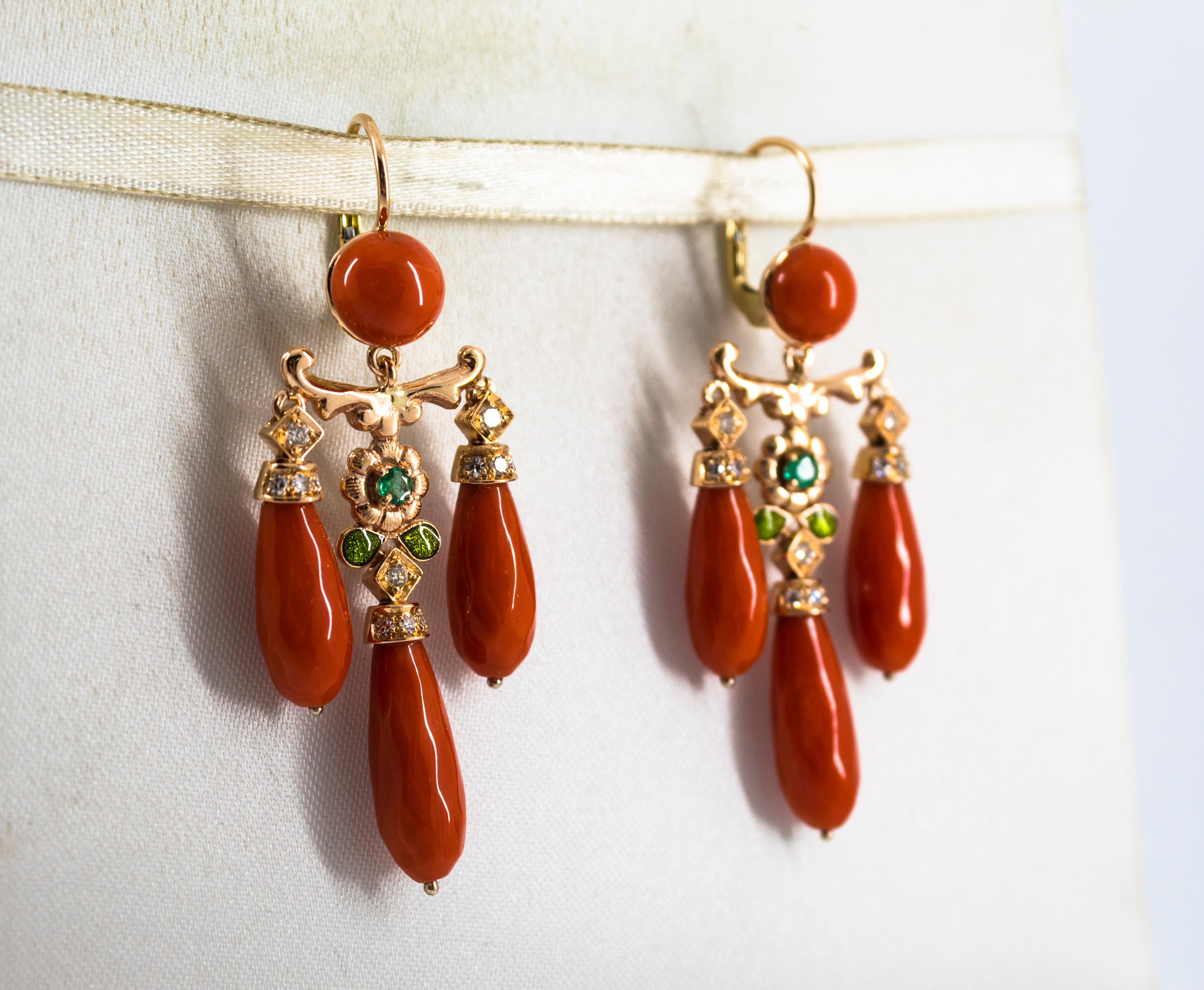 Art Nouveau Style Mediterranean Coral White Diamond Emerald Yellow Gold Earrings In New Condition For Sale In Naples, IT
