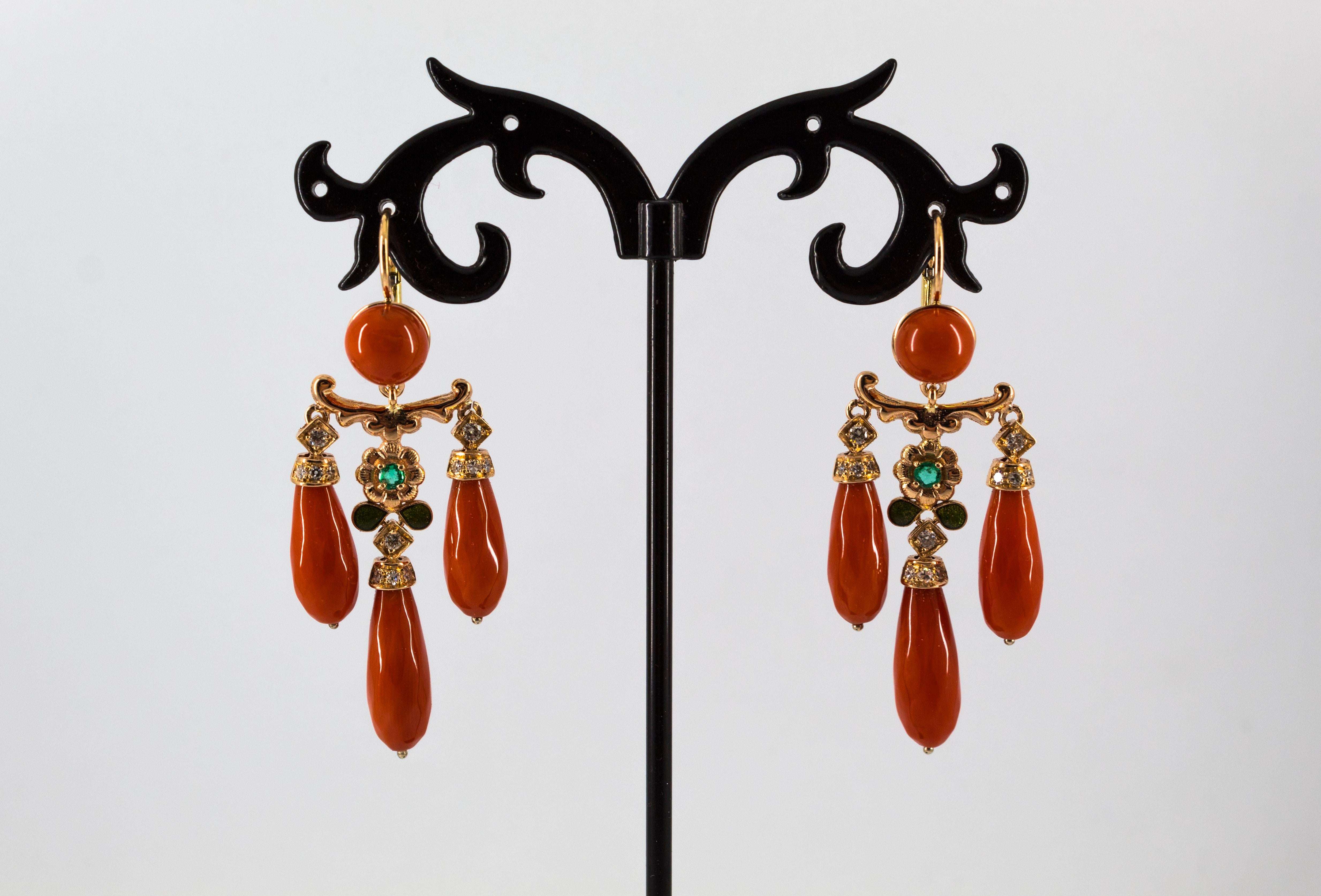 Art Nouveau Style Mediterranean Coral White Diamond Emerald Yellow Gold Earrings For Sale 2