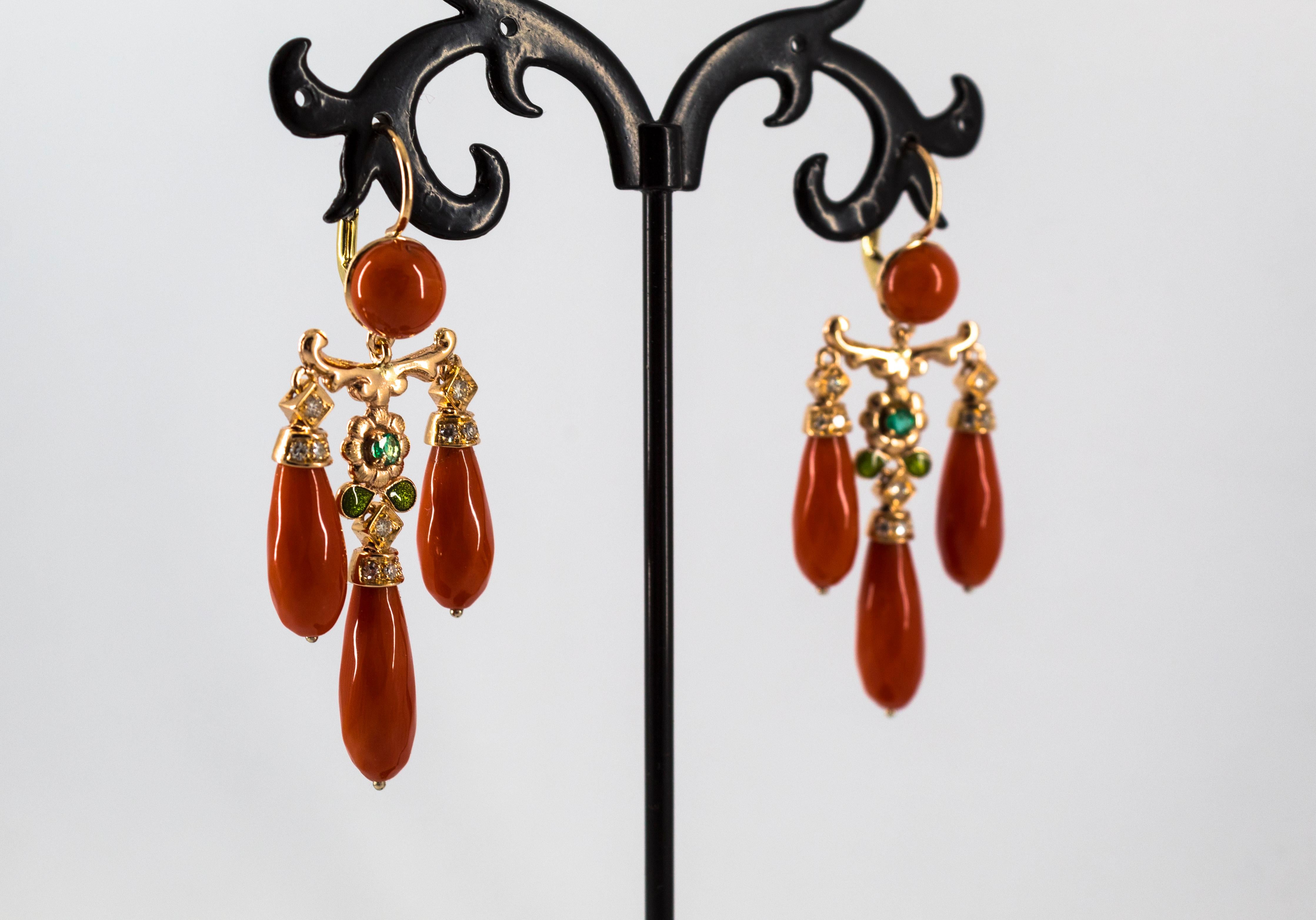 Art Nouveau Style Mediterranean Coral White Diamond Emerald Yellow Gold Earrings For Sale 3