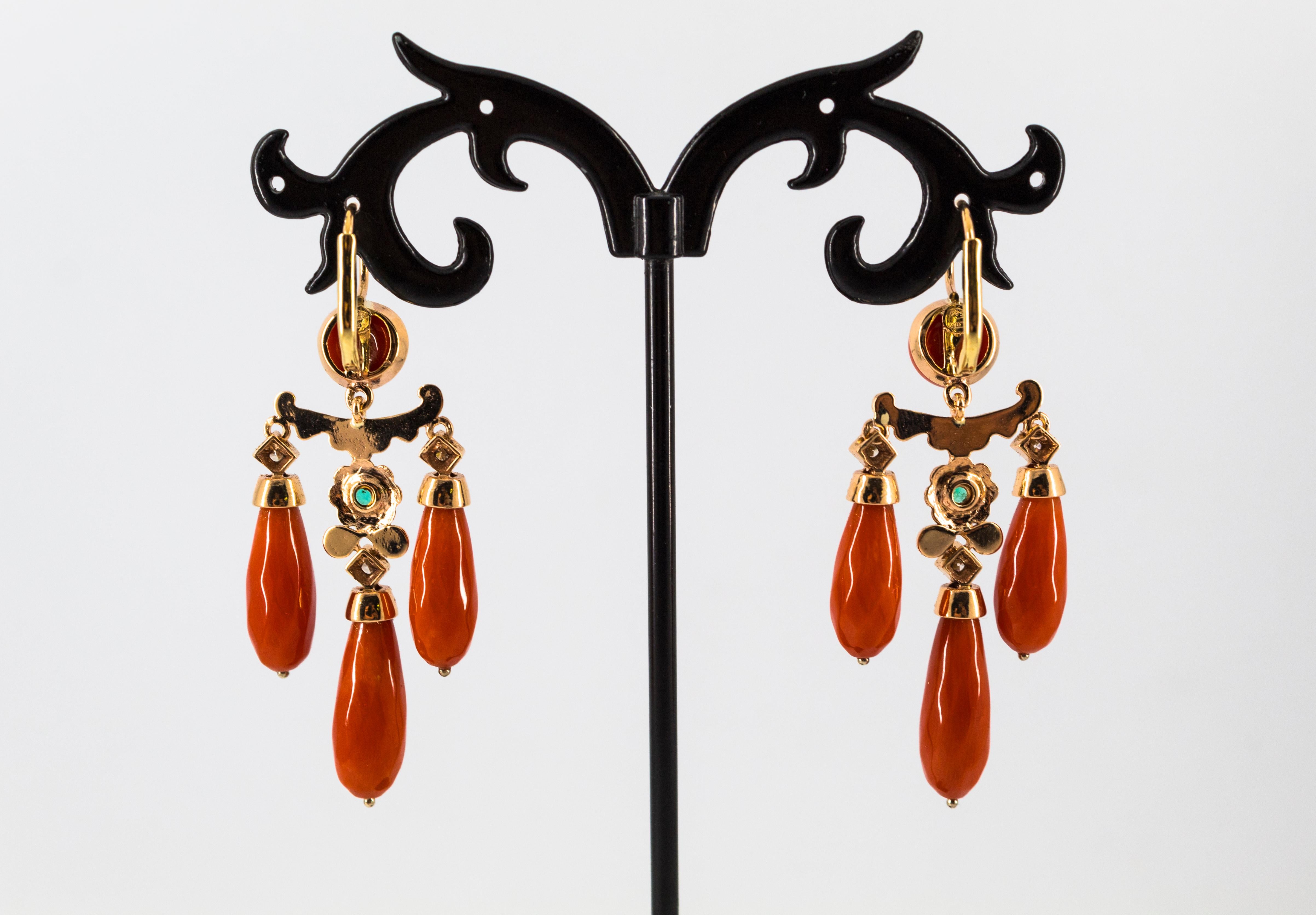 Art Nouveau Style Mediterranean Coral White Diamond Emerald Yellow Gold Earrings For Sale 4
