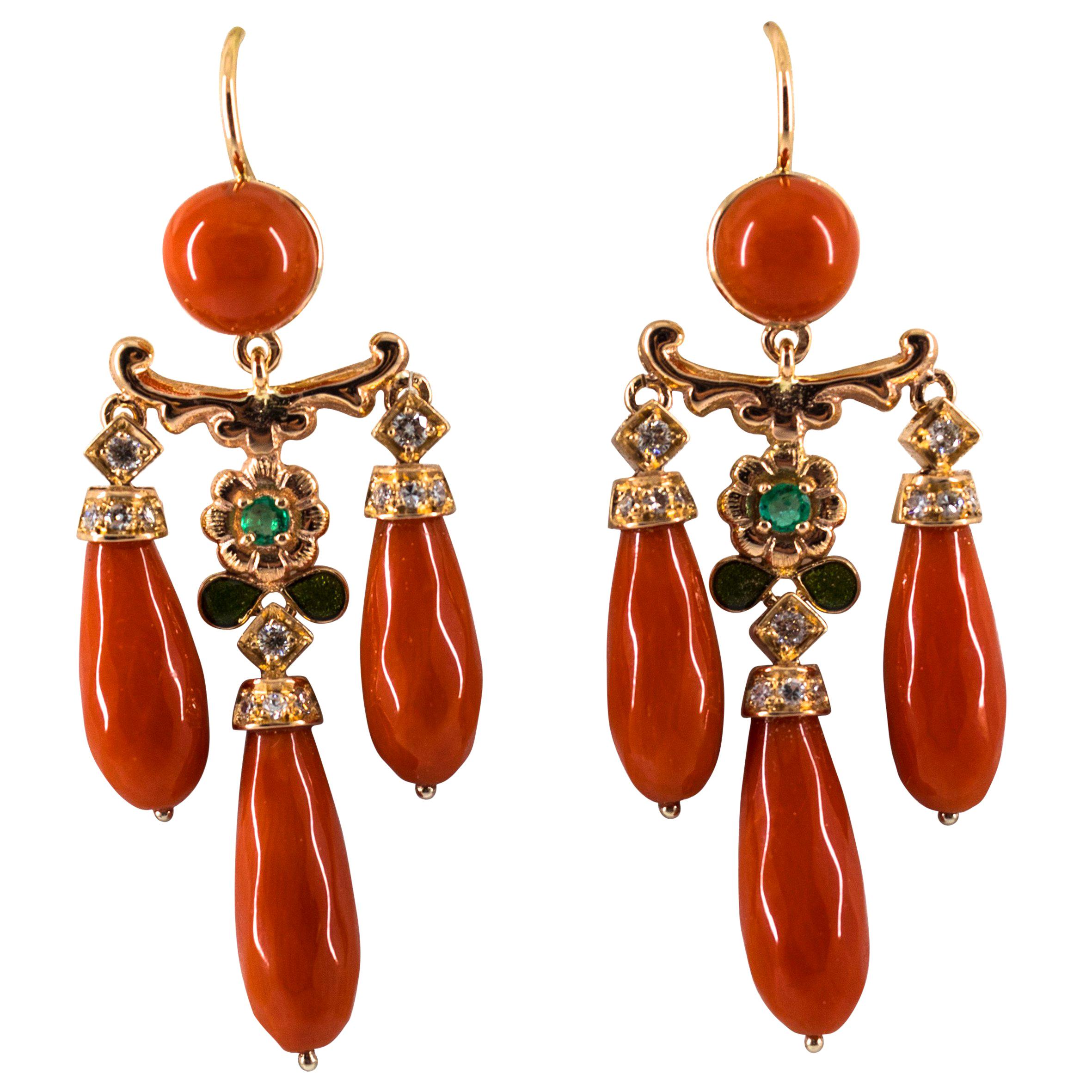 Art Nouveau Style Mediterranean Coral White Diamond Emerald Yellow Gold Earrings For Sale
