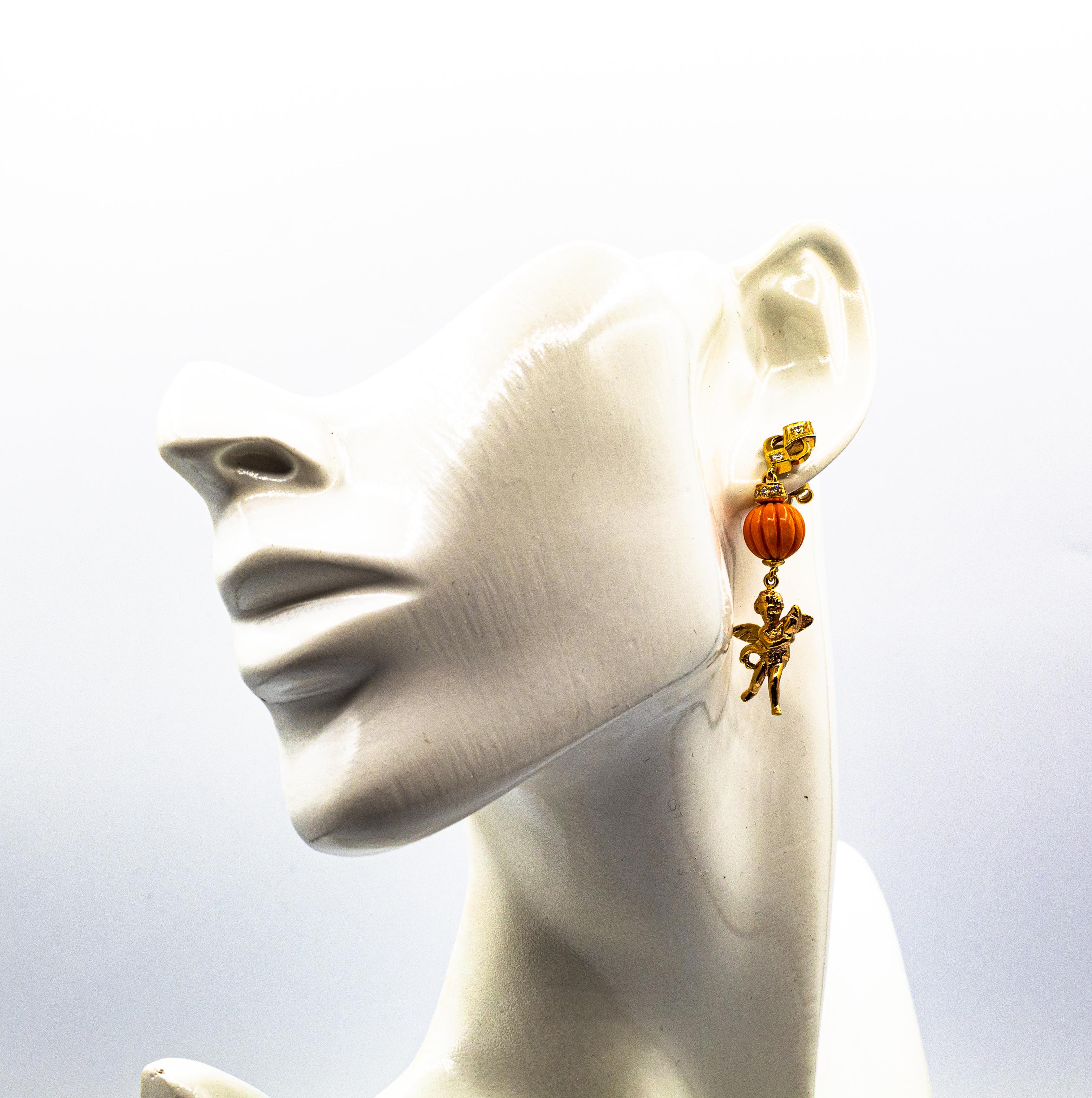 Art Nouveau Style Mediterranean Coral White Diamond Yellow Gold Studk Earrings For Sale 3