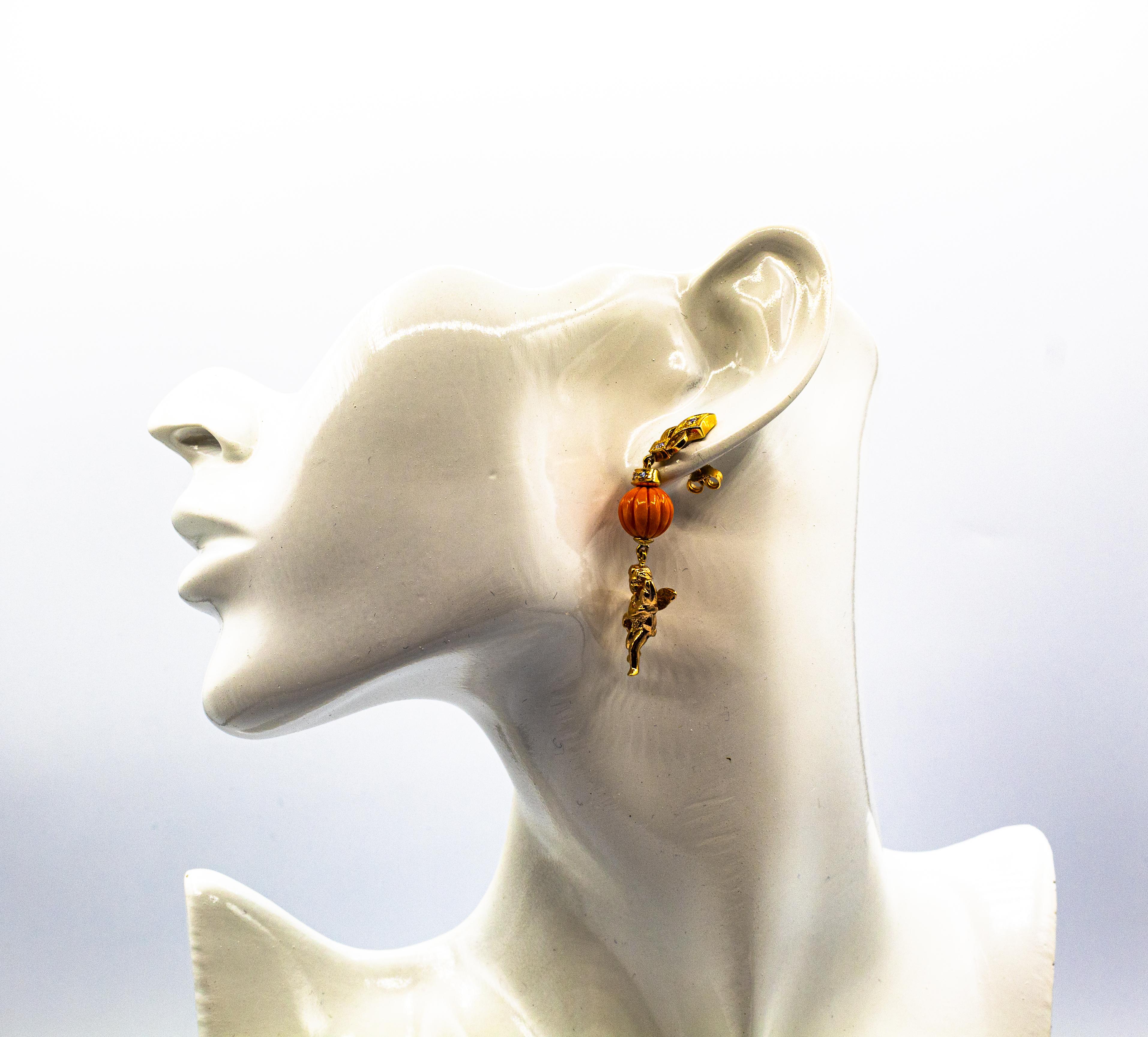 Art Nouveau Style Mediterranean Coral White Diamond Yellow Gold Studk Earrings For Sale 4
