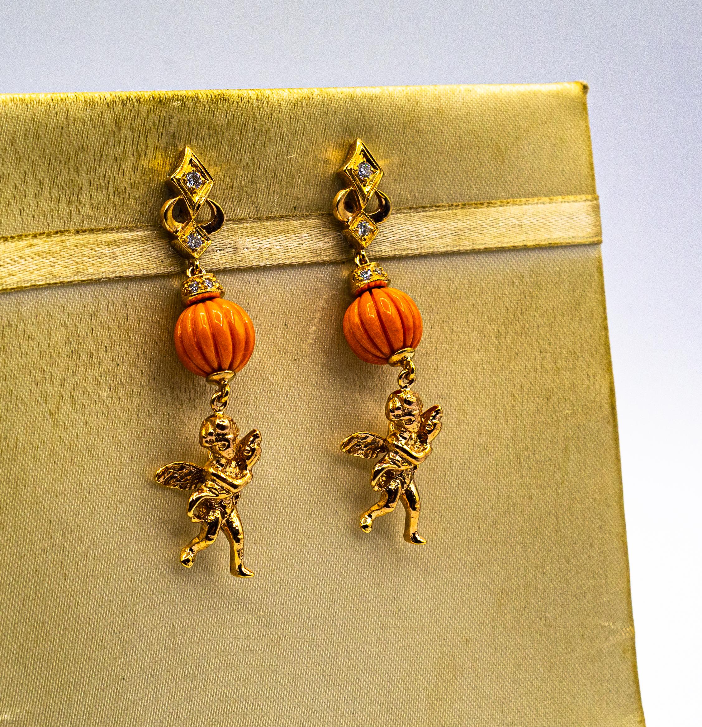 Art Nouveau Style Mediterranean Coral White Diamond Yellow Gold Studk Earrings In New Condition In Naples, IT