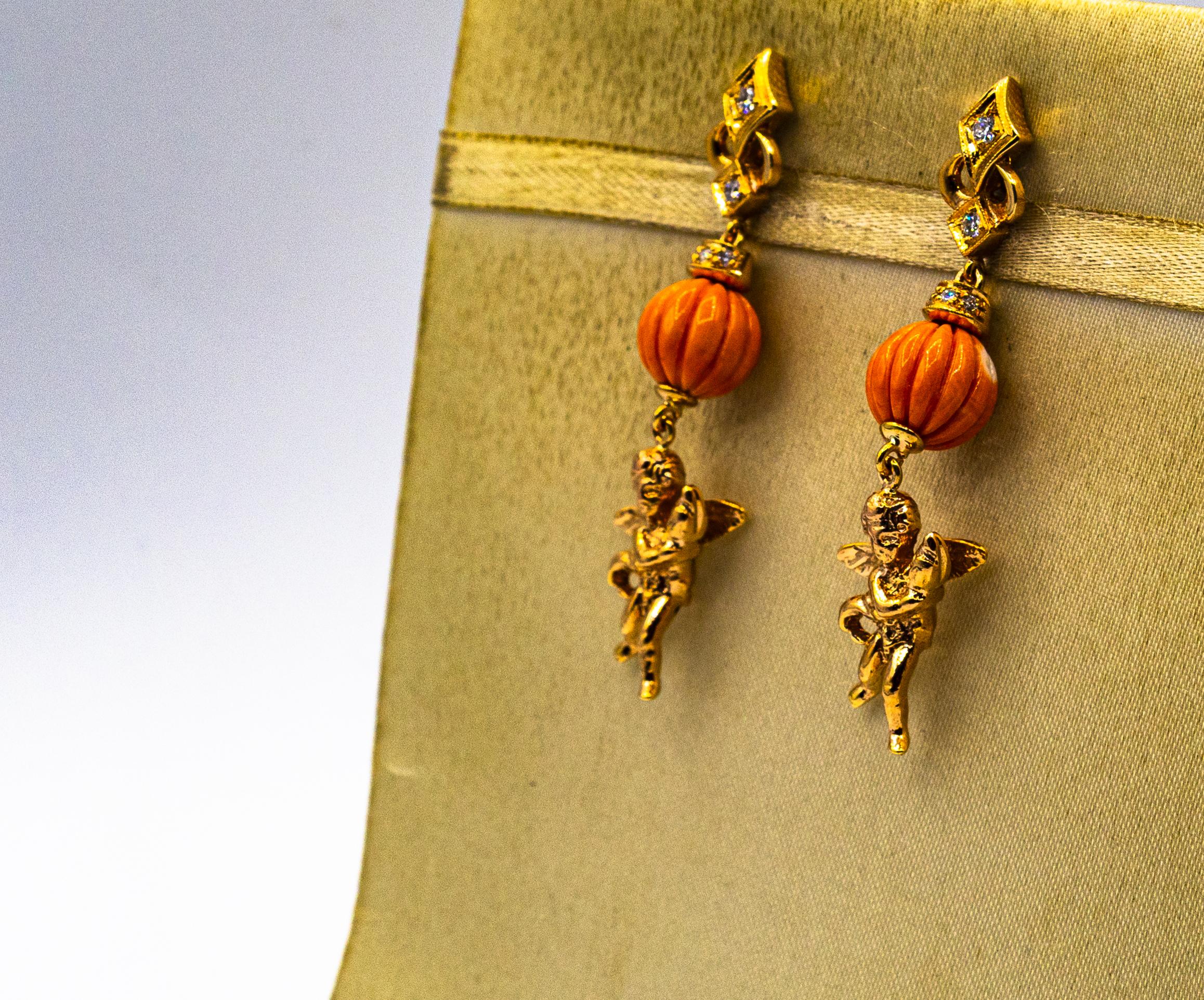 Women's or Men's Art Nouveau Style Mediterranean Coral White Diamond Yellow Gold Studk Earrings