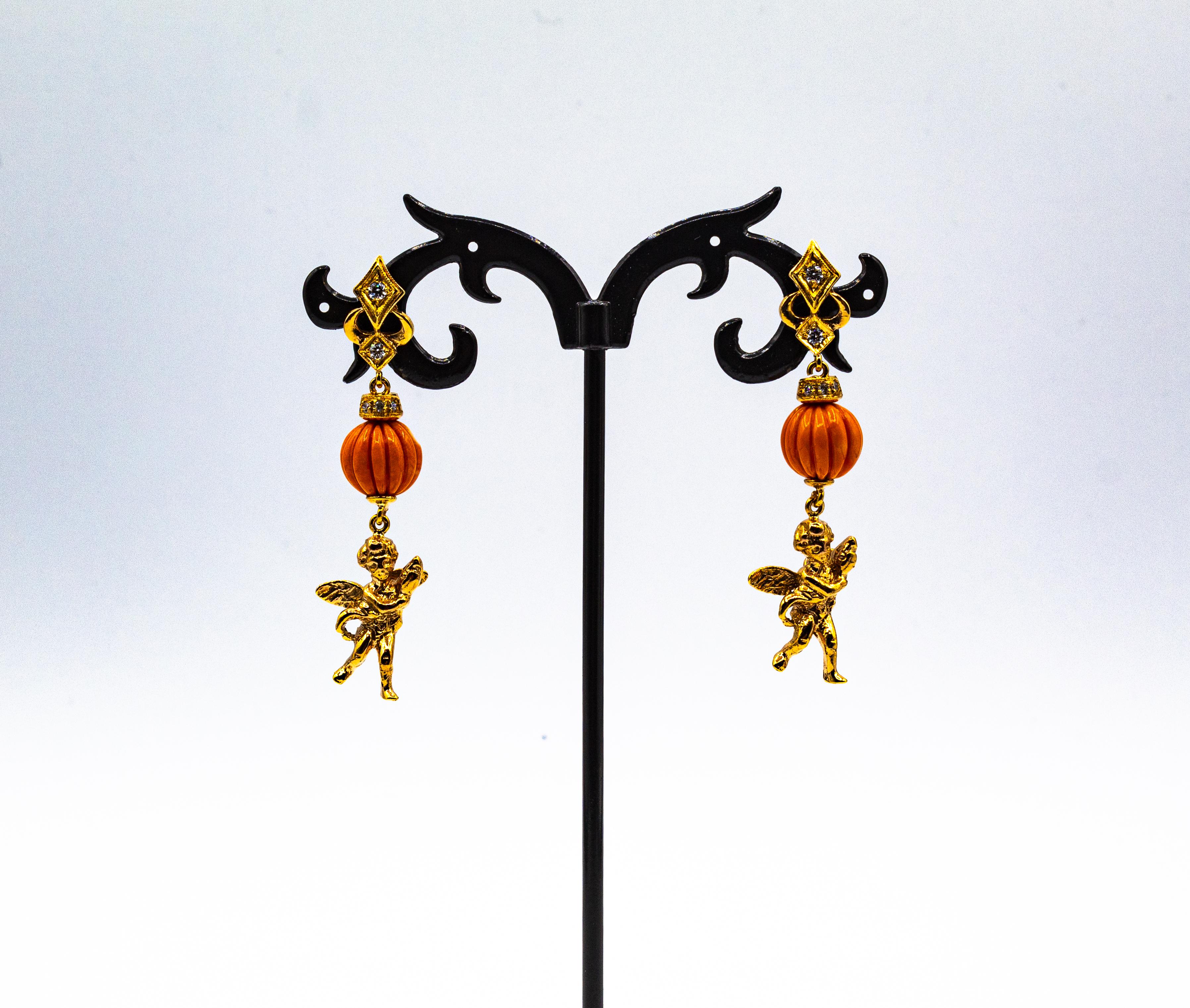 Art Nouveau Style Mediterranean Coral White Diamond Yellow Gold Studk Earrings In New Condition For Sale In Naples, IT
