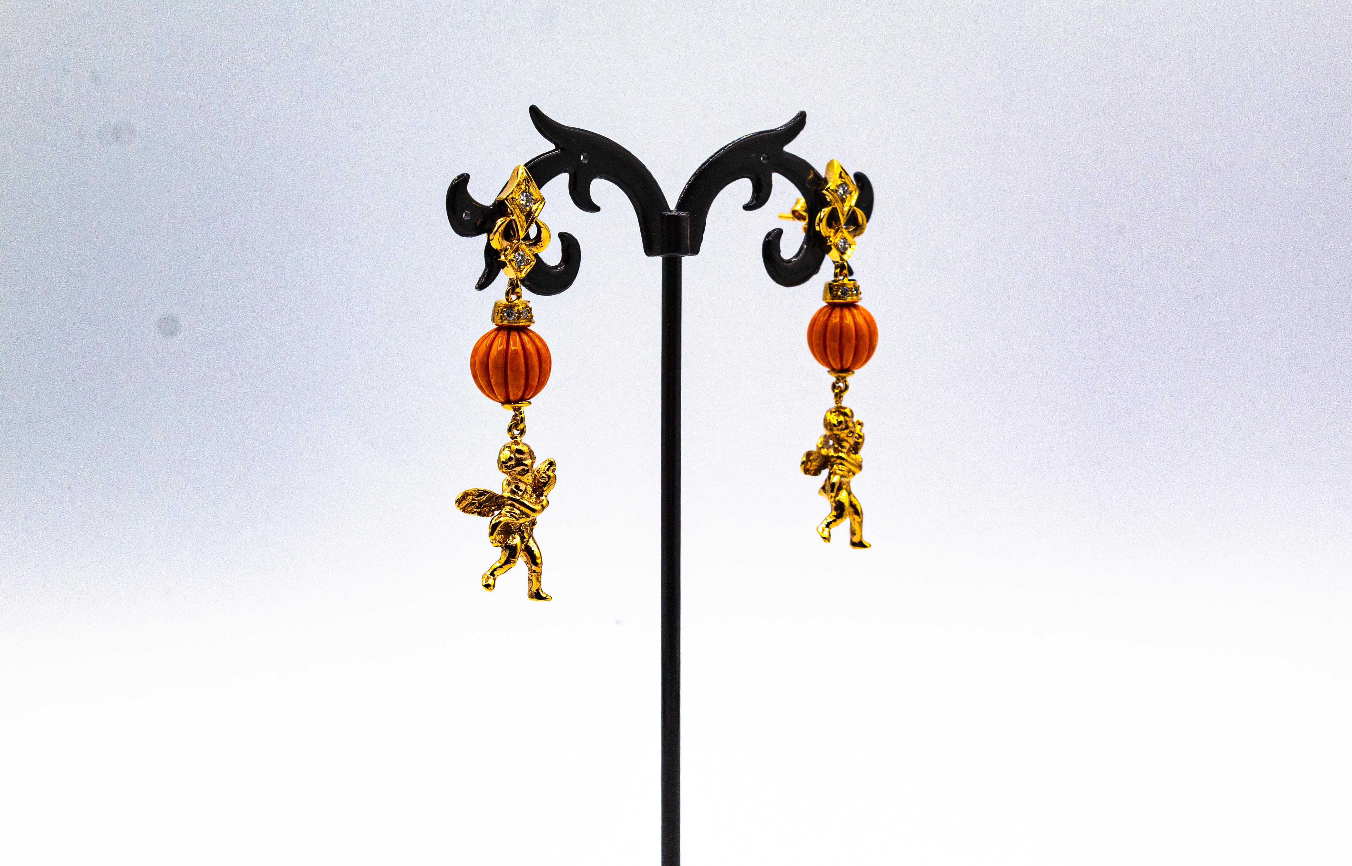 Women's or Men's Art Nouveau Style Mediterranean Coral White Diamond Yellow Gold Studk Earrings For Sale