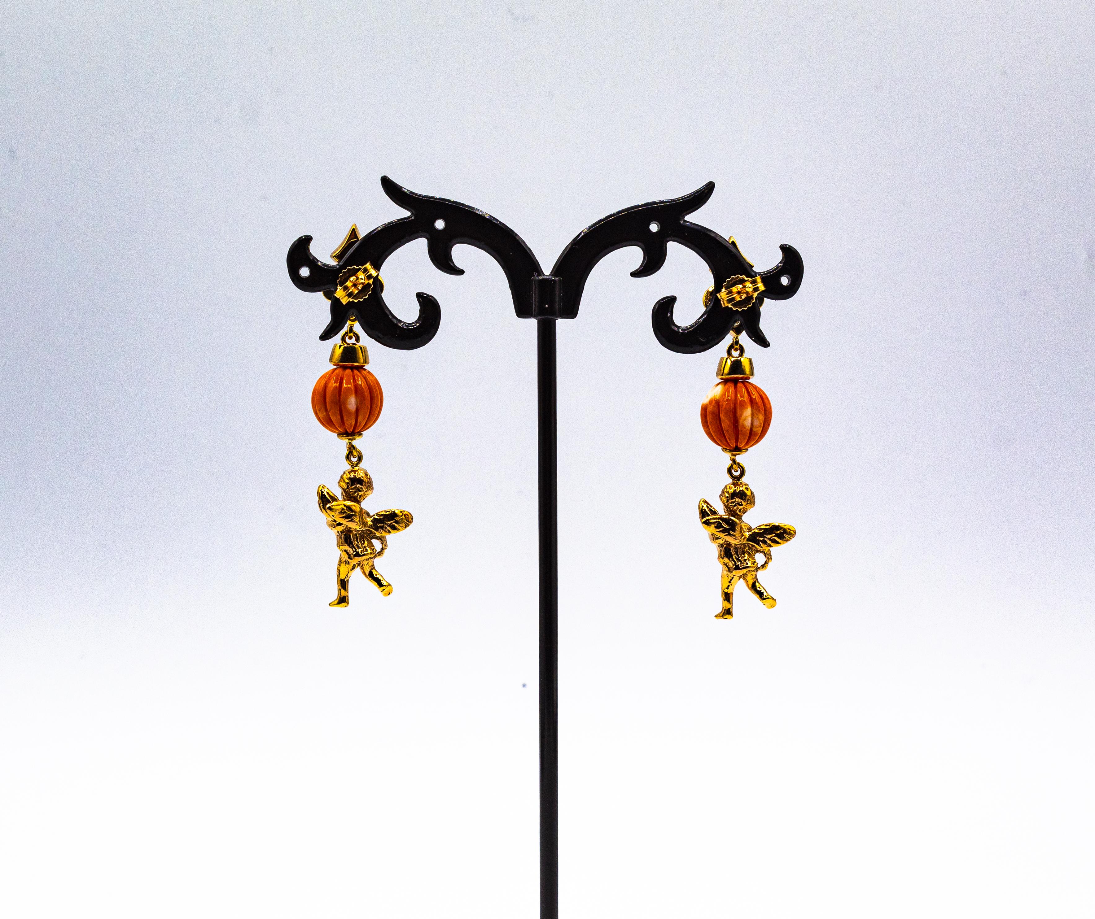 Art Nouveau Style Mediterranean Coral White Diamond Yellow Gold Studk Earrings For Sale 1