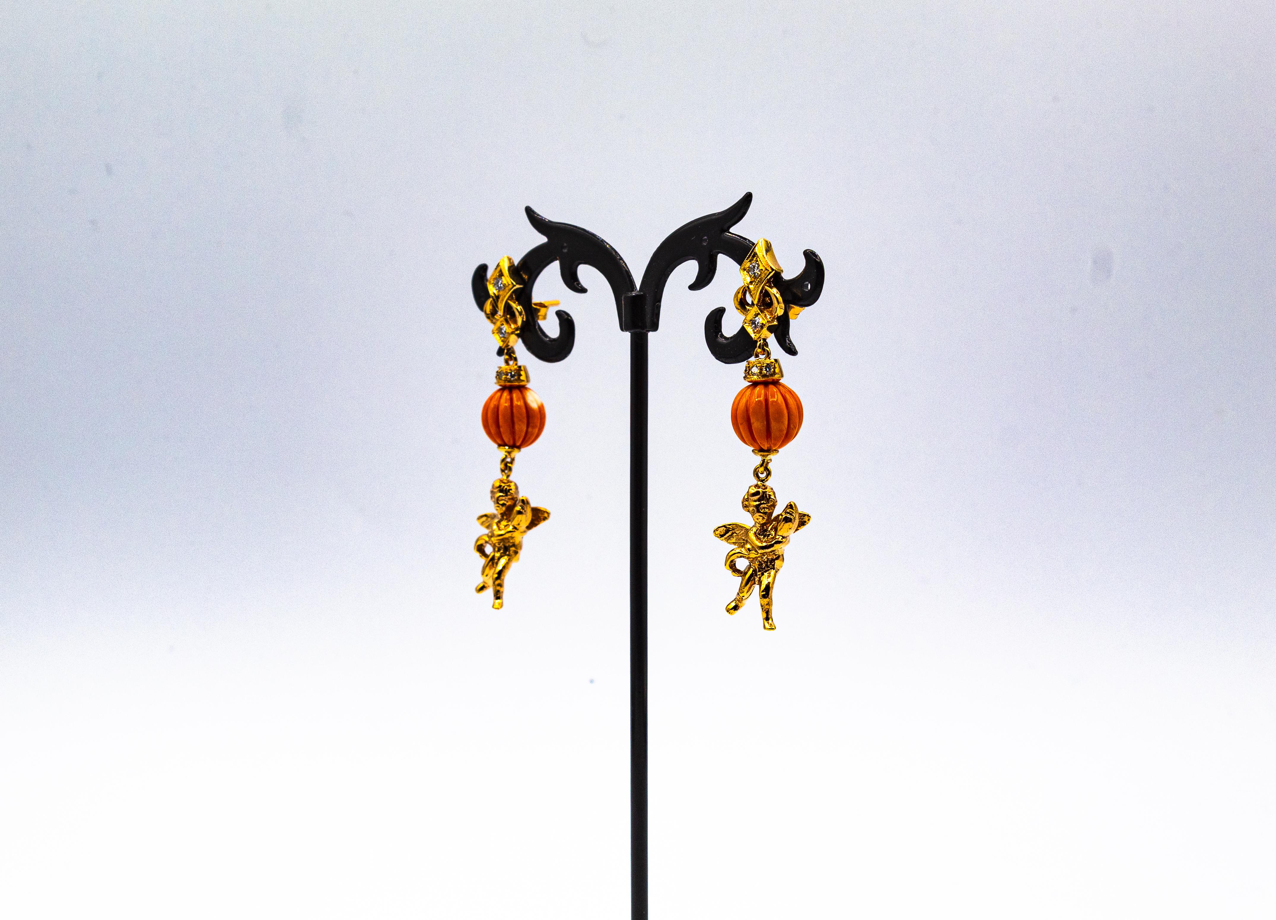 Art Nouveau Style Mediterranean Coral White Diamond Yellow Gold Studk Earrings For Sale 2