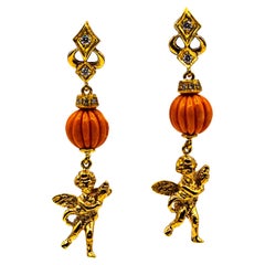 Art Nouveau Style Mediterranean Coral White Diamond Yellow Gold Studk Earrings