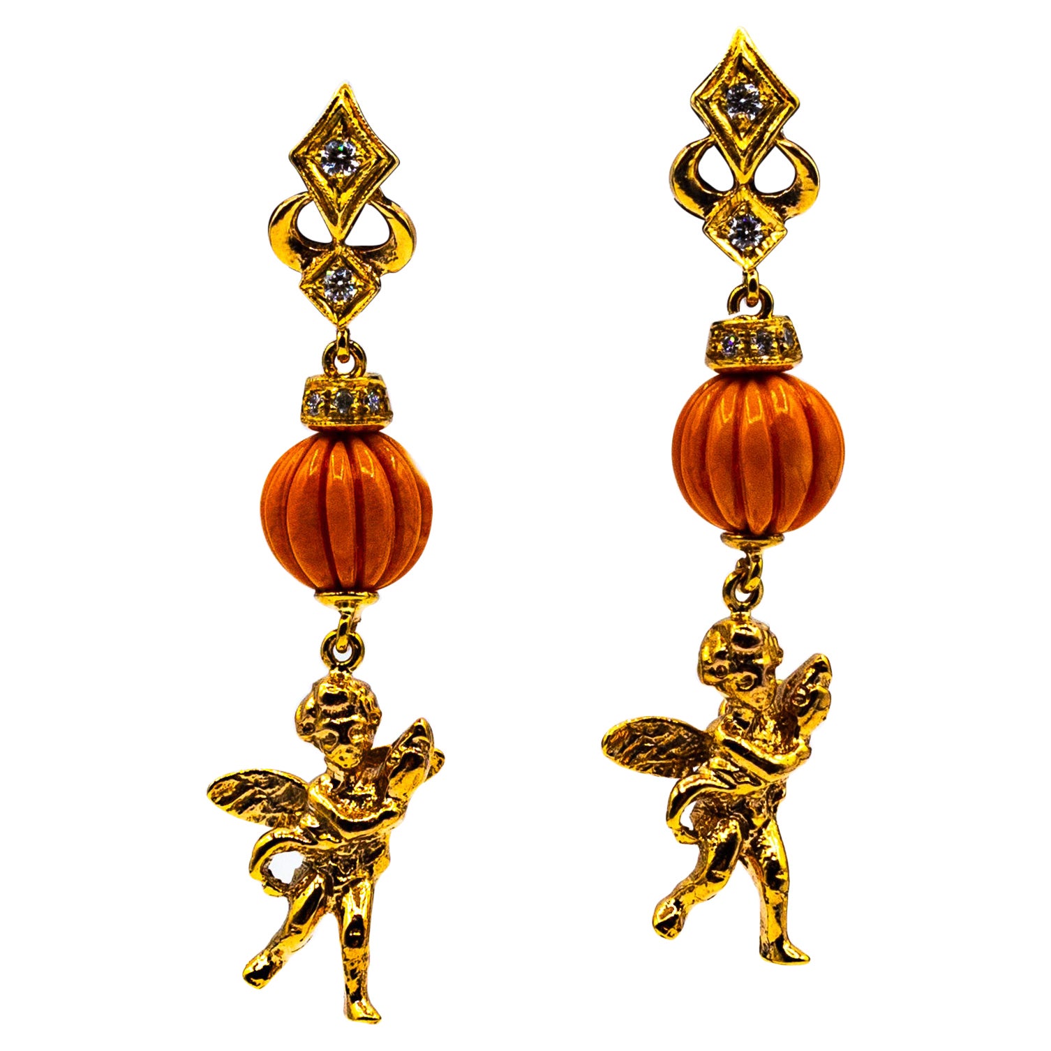 Art Nouveau Style Mediterranean Coral White Diamond Yellow Gold Studk Earrings For Sale