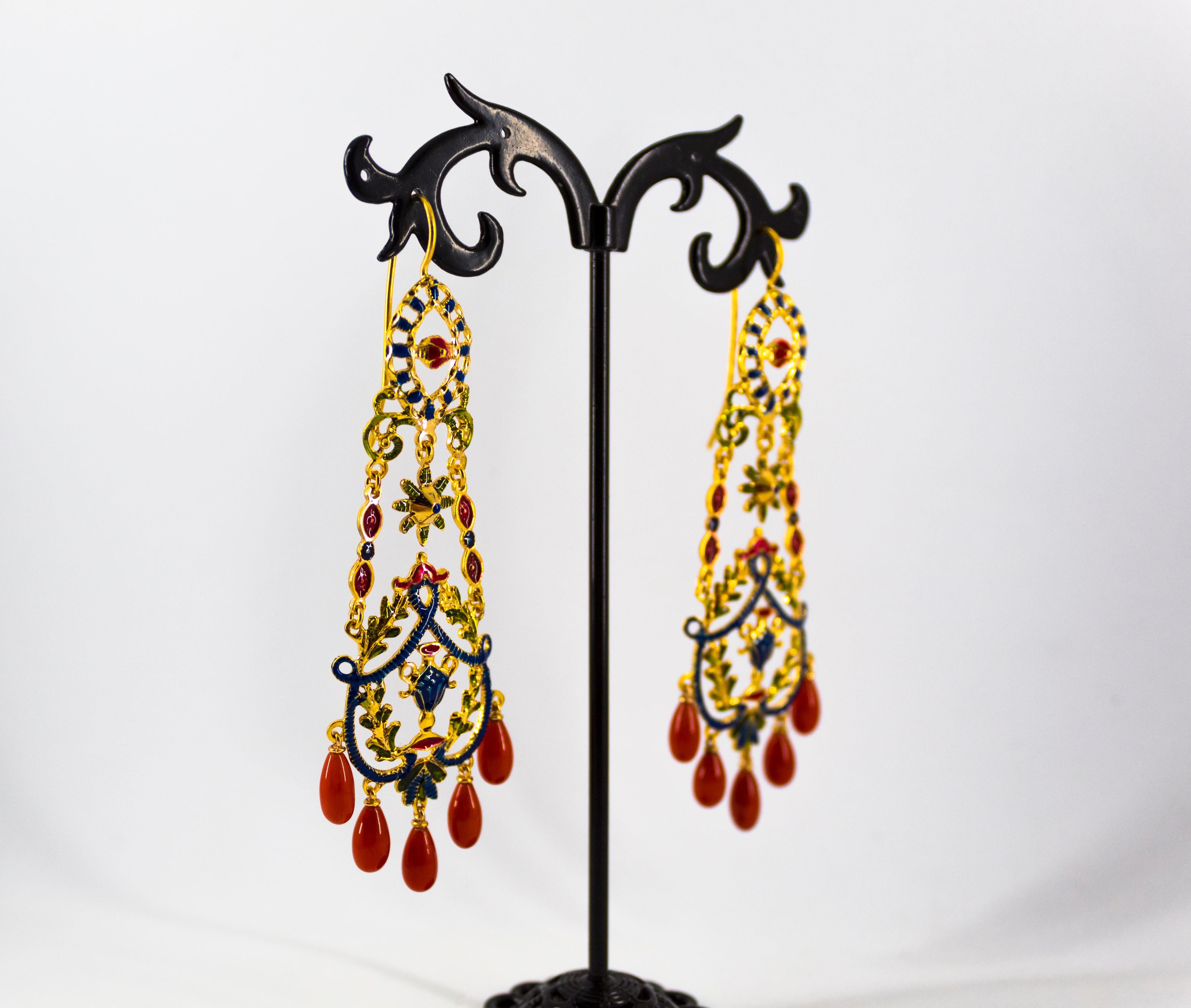 Art Nouveau Style Mediterranean Red Coral Enamel Yellow Gold Stud Drop Earrings 5
