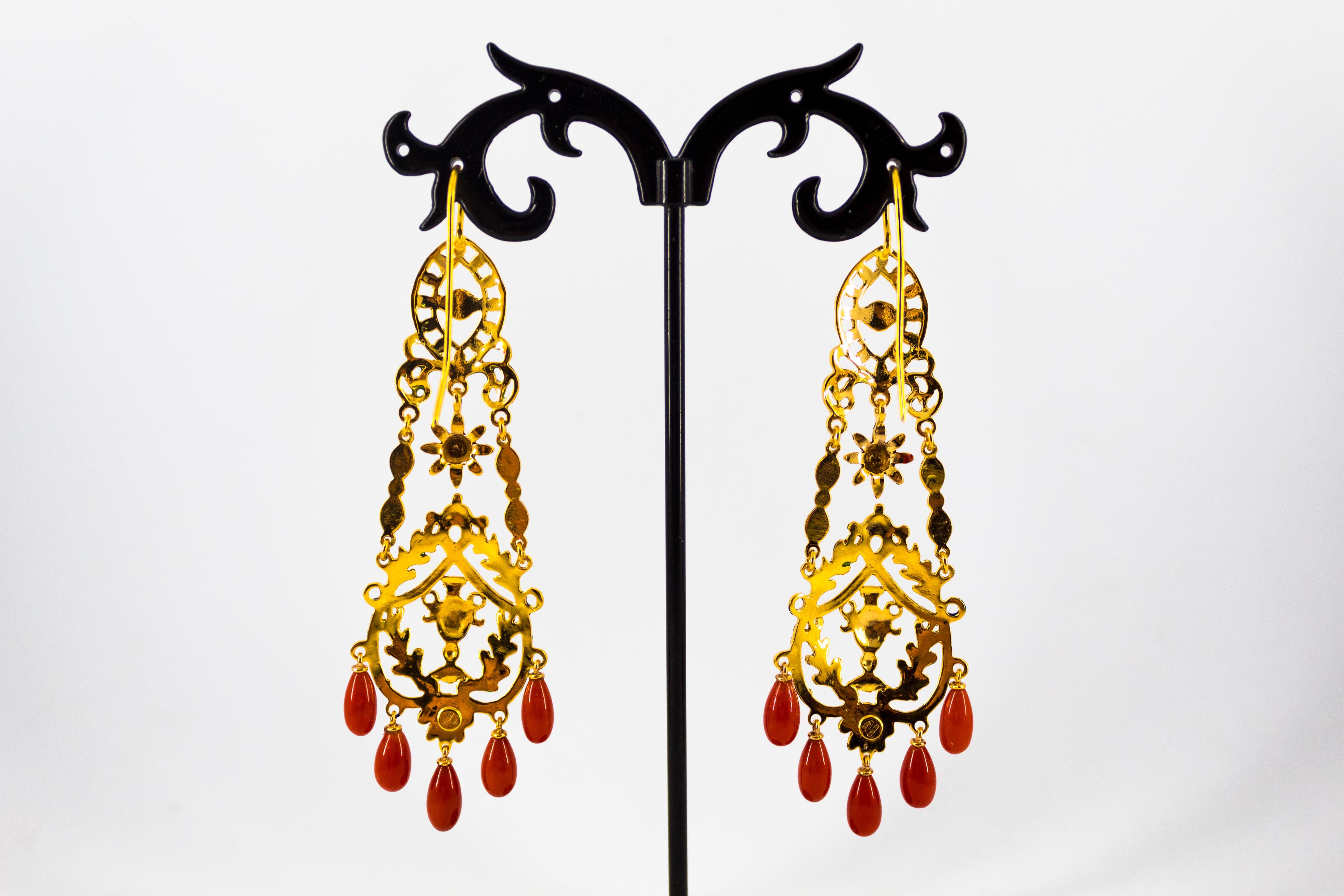 Art Nouveau Style Mediterranean Red Coral Enamel Yellow Gold Stud Drop Earrings 6