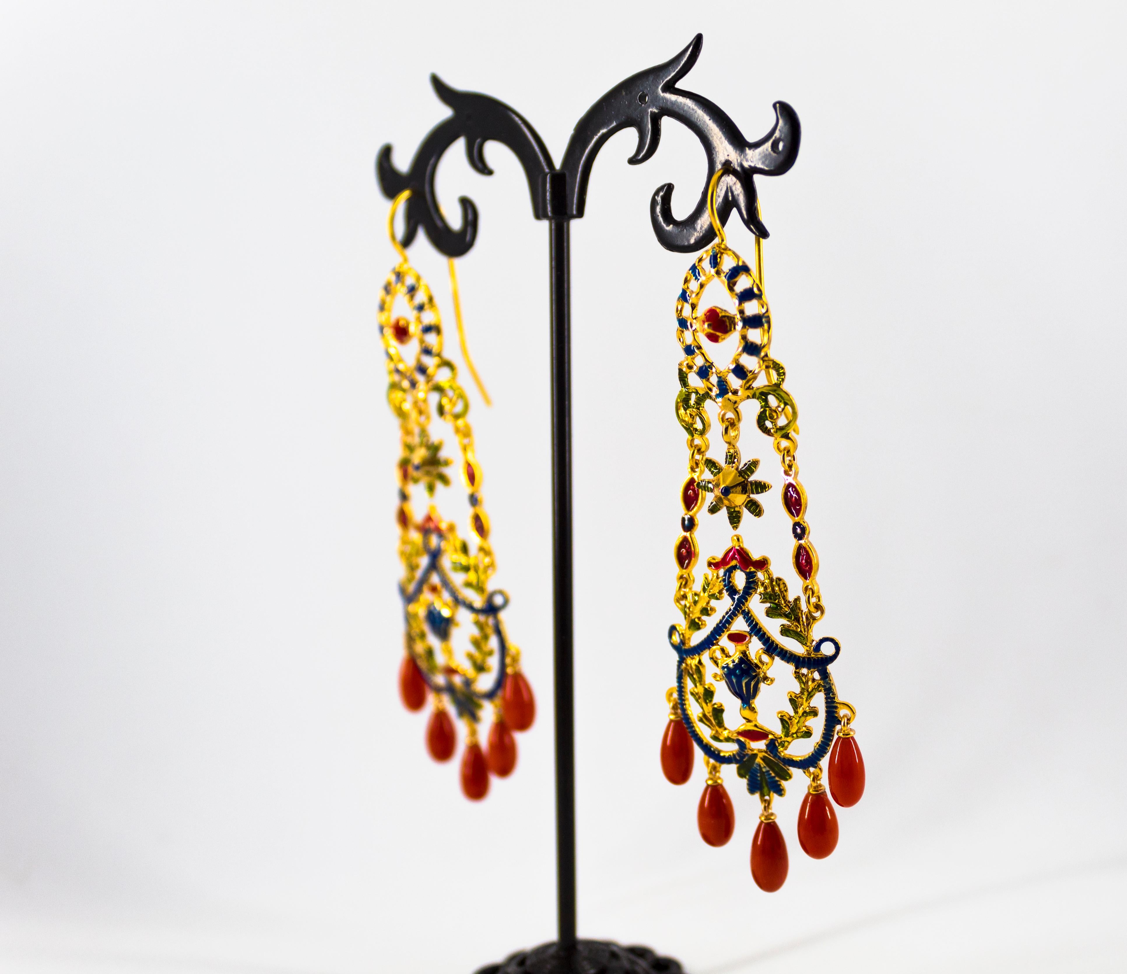 Art Nouveau Style Mediterranean Red Coral Enamel Yellow Gold Stud Drop Earrings 7