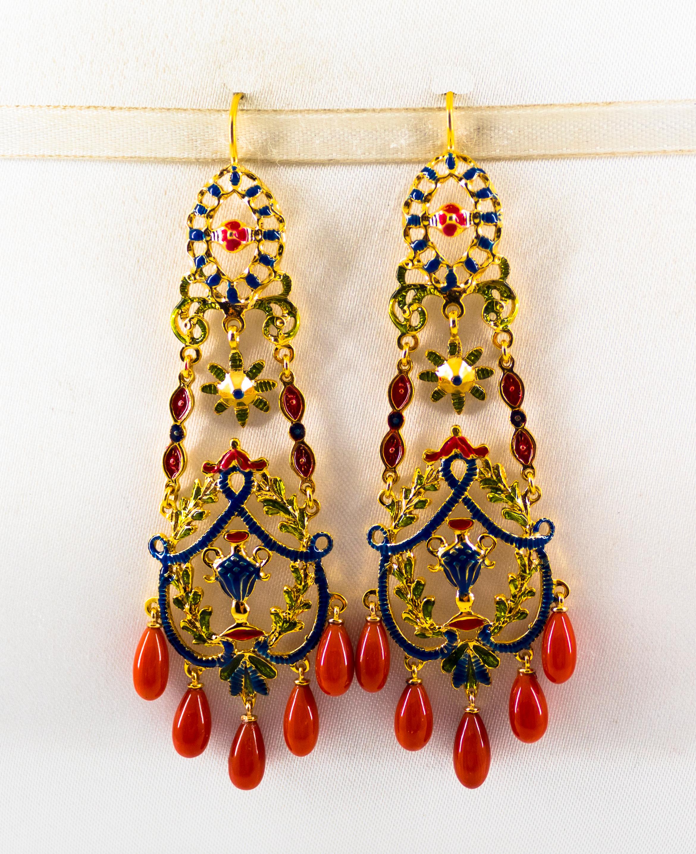 Mixed Cut Art Nouveau Style Mediterranean Red Coral Enamel Yellow Gold Stud Drop Earrings