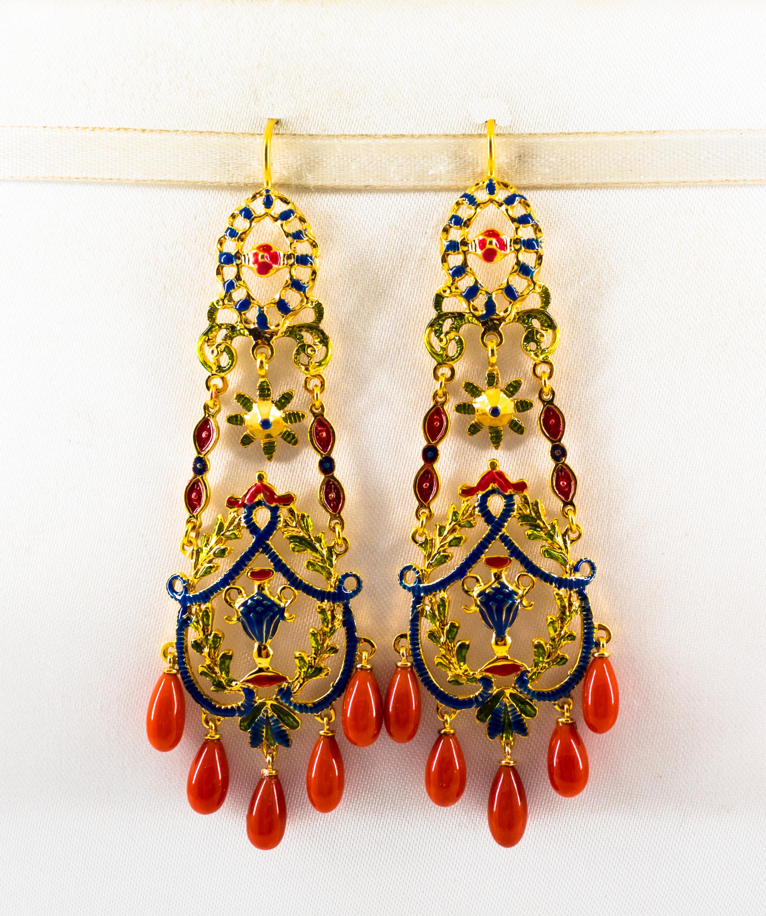 Art Nouveau Style Mediterranean Red Coral Enamel Yellow Gold Stud Drop Earrings In New Condition In Naples, IT