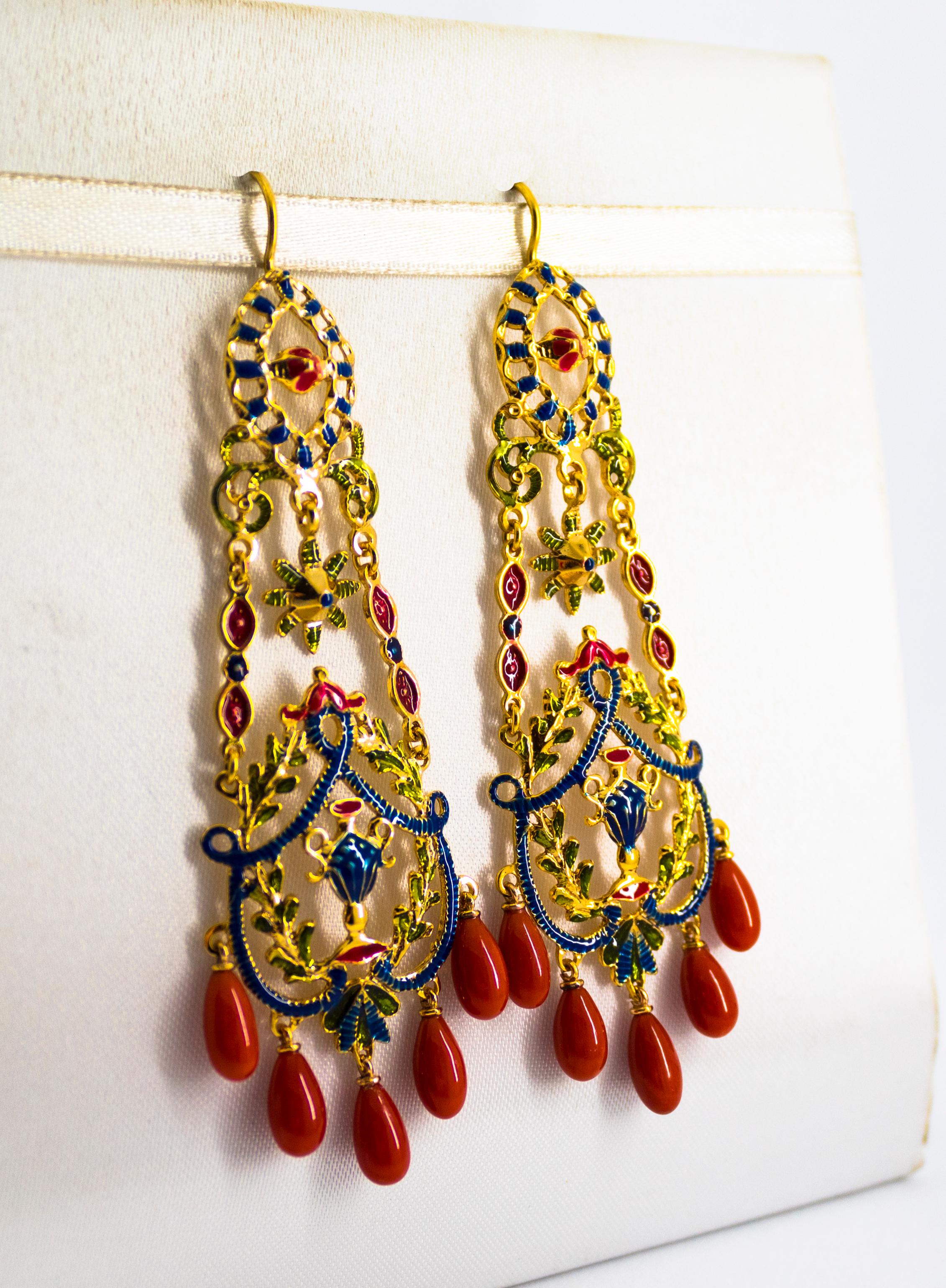Women's or Men's Art Nouveau Style Mediterranean Red Coral Enamel Yellow Gold Stud Drop Earrings