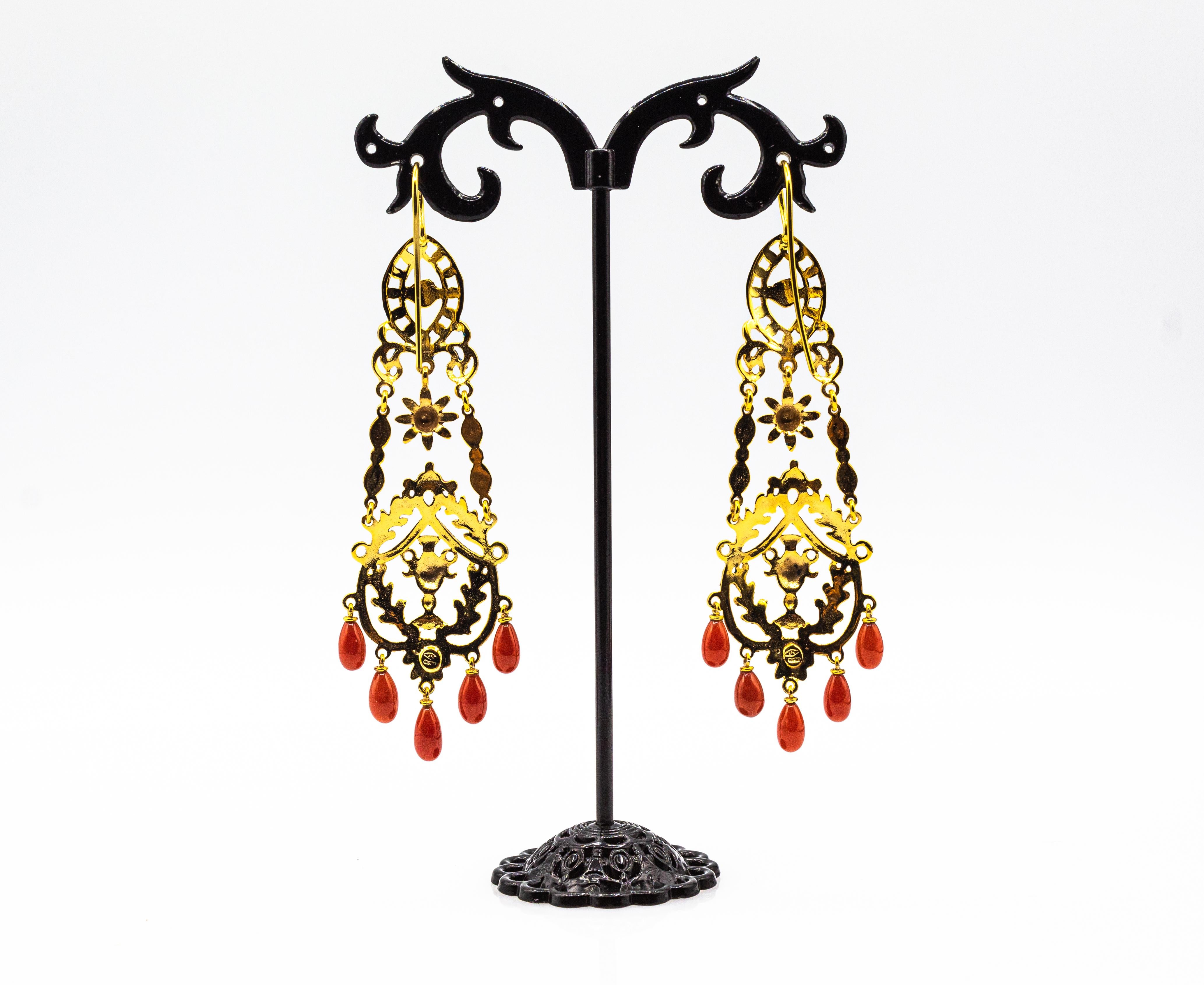 Women's or Men's Art Nouveau Style Mediterranean Red Coral Enamel Yellow Gold Stud Drop Earrings For Sale