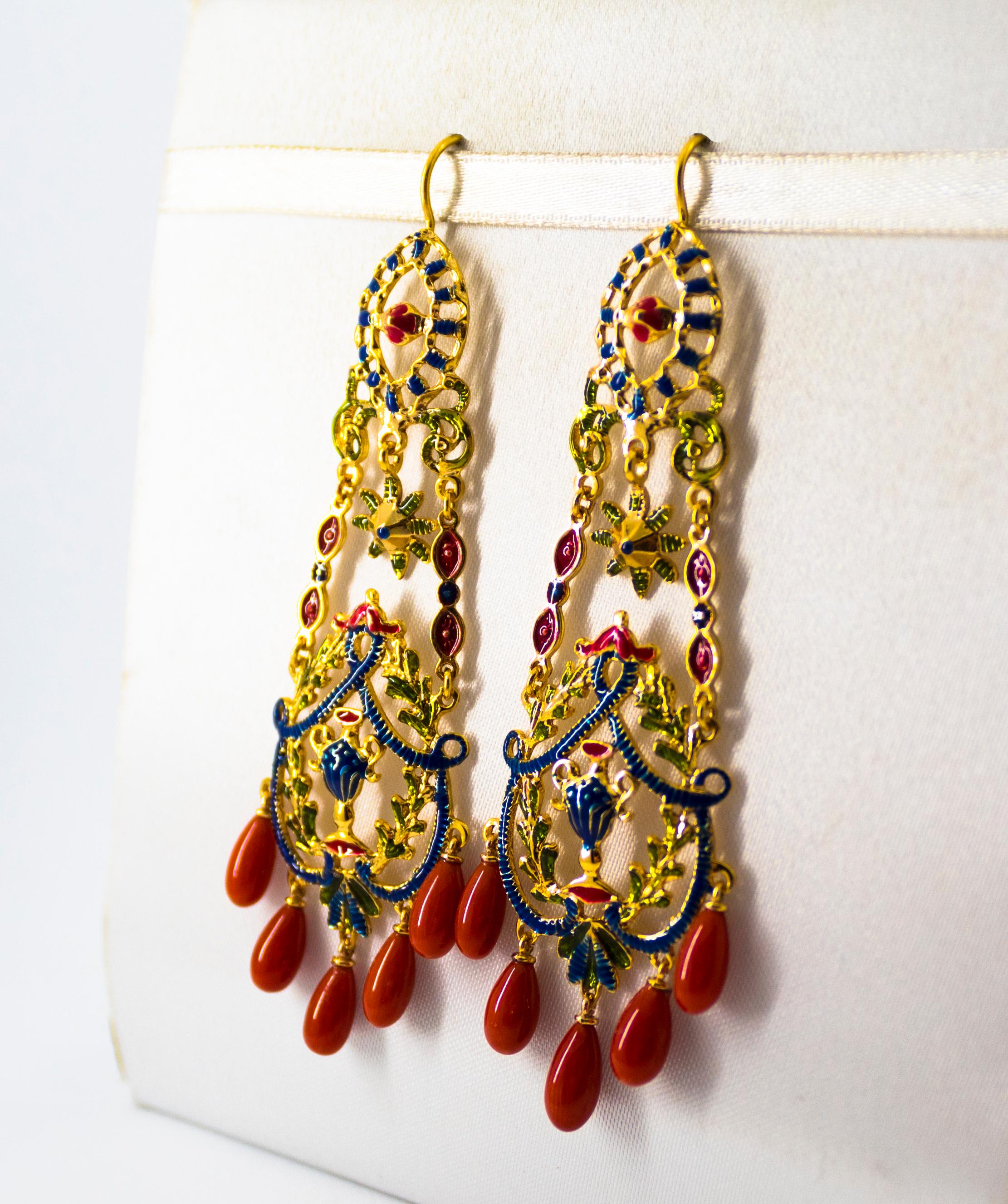 Art Nouveau Style Mediterranean Red Coral Enamel Yellow Gold Stud Drop Earrings 1