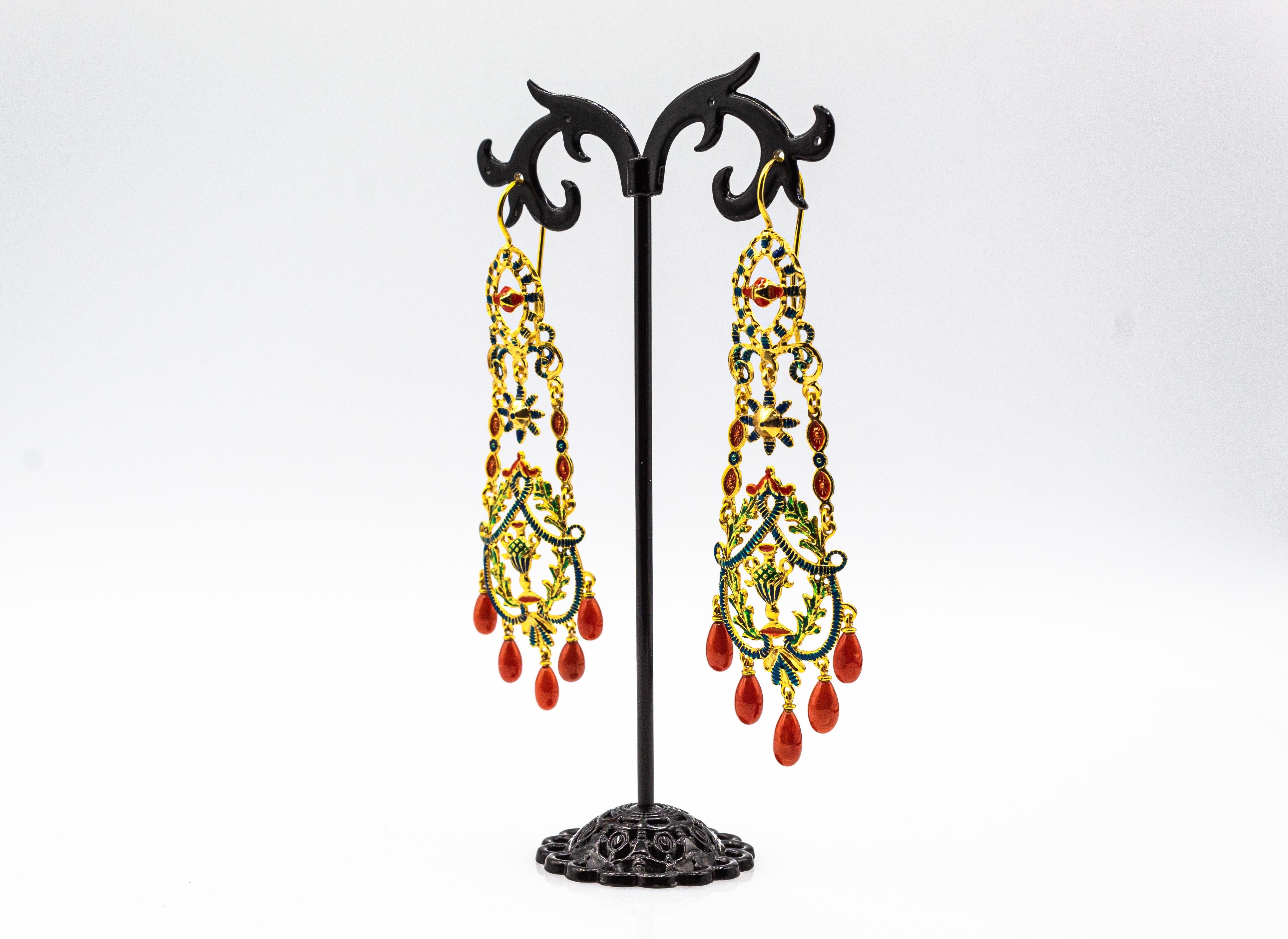 Art Nouveau Style Mediterranean Red Coral Enamel Yellow Gold Stud Drop Earrings For Sale 1