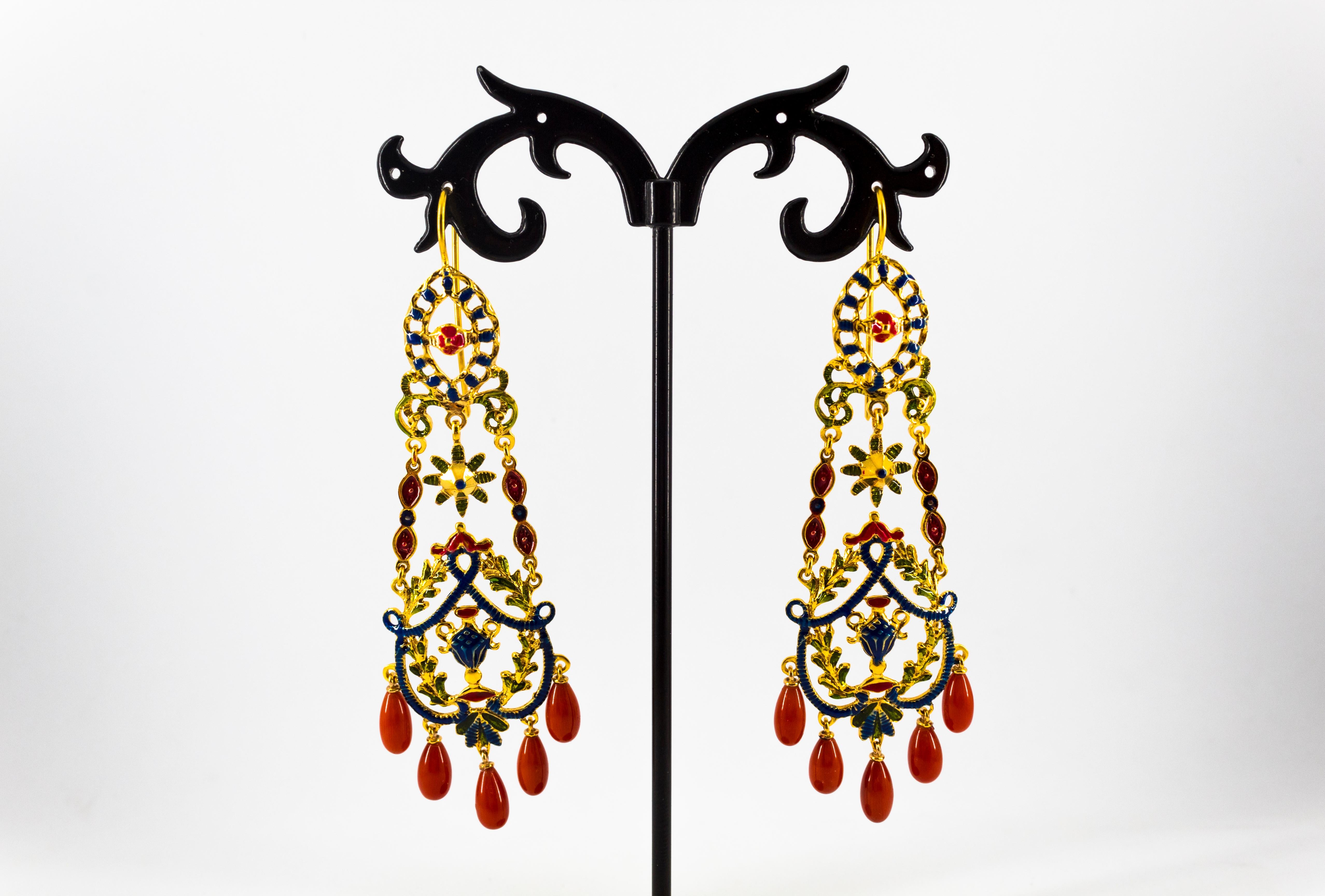 Art Nouveau Style Mediterranean Red Coral Enamel Yellow Gold Stud Drop Earrings 2