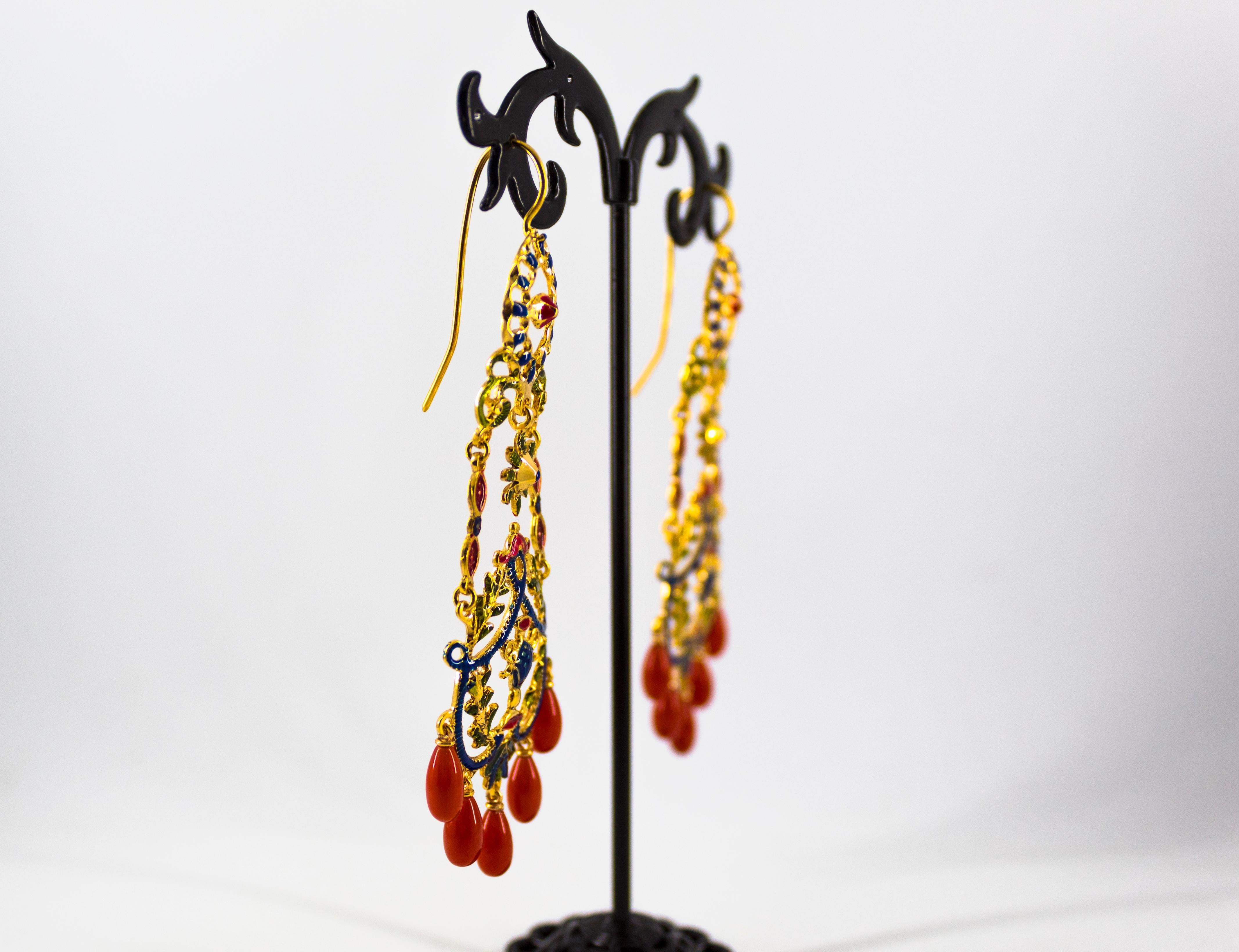 Art Nouveau Style Mediterranean Red Coral Enamel Yellow Gold Stud Drop Earrings 4