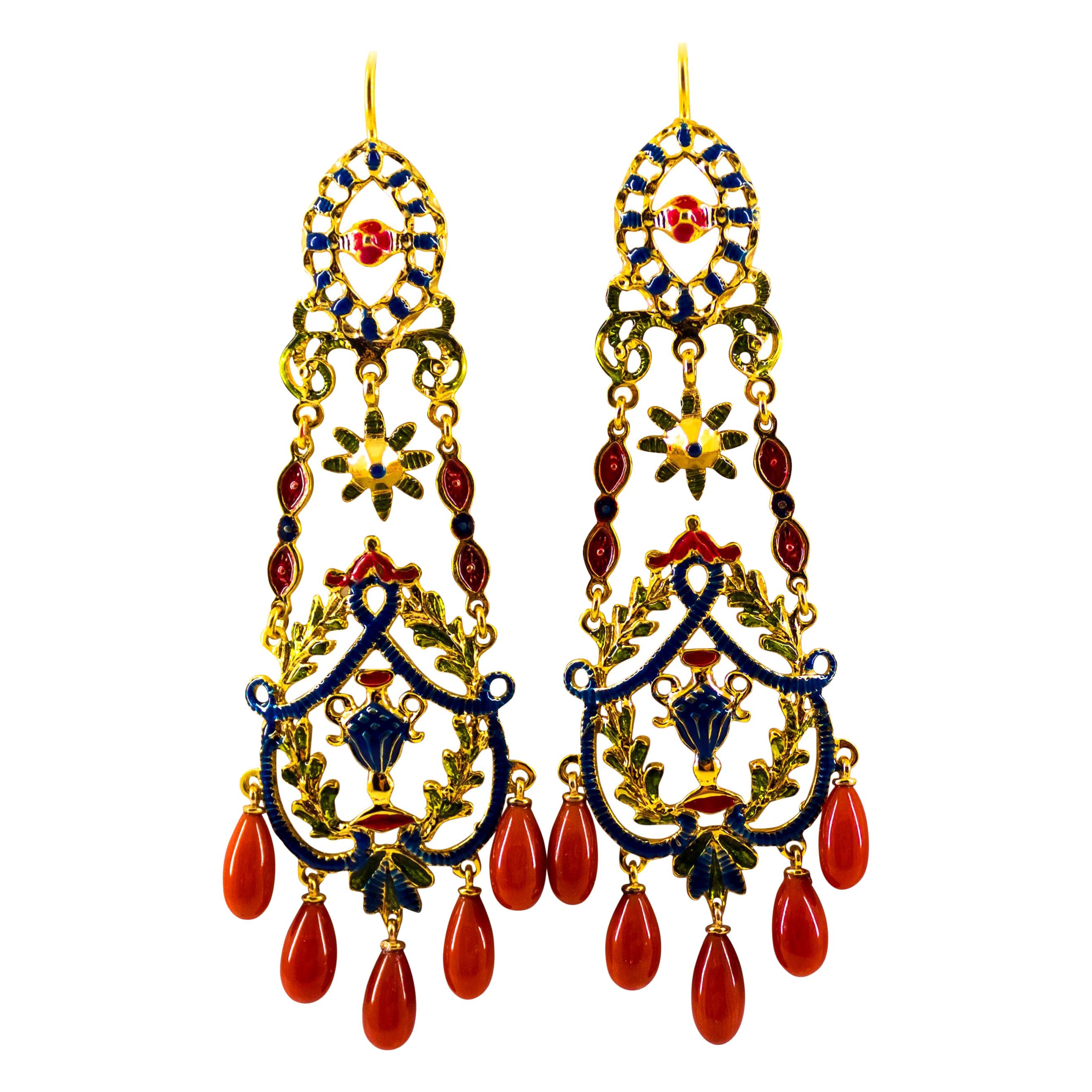 Art Nouveau Style Mediterranean Red Coral Enamel Yellow Gold Stud Drop Earrings