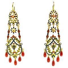 Art Nouveau Style Mediterranean Red Coral Enamel Yellow Gold Stud Drop Earrings
