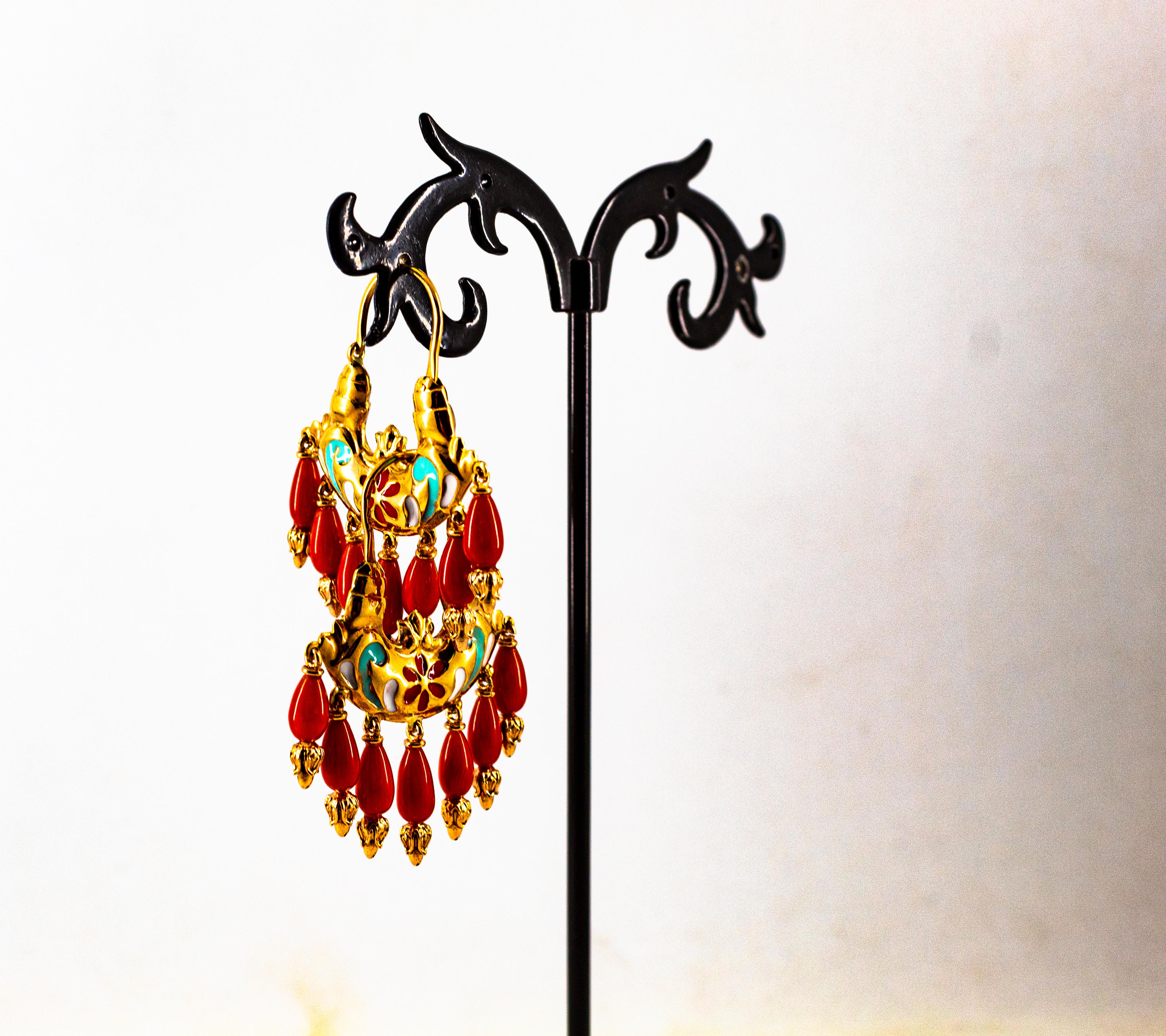 Art Nouveau Style Mediterranean Red Coral Enamel Yellow Gold Stud Earrings For Sale 4