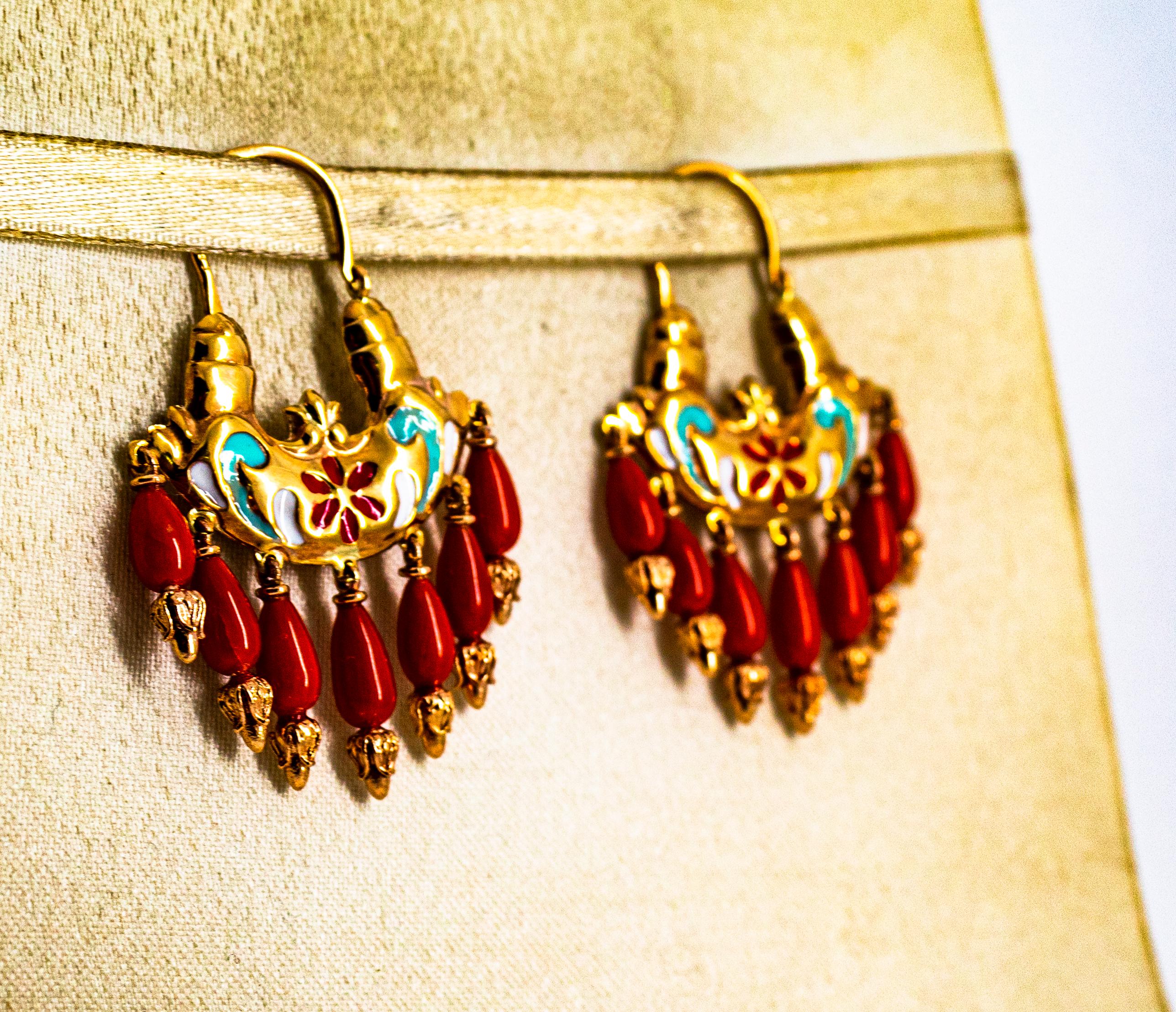 Mixed Cut Art Nouveau Style Mediterranean Red Coral Enamel Yellow Gold Stud Earrings