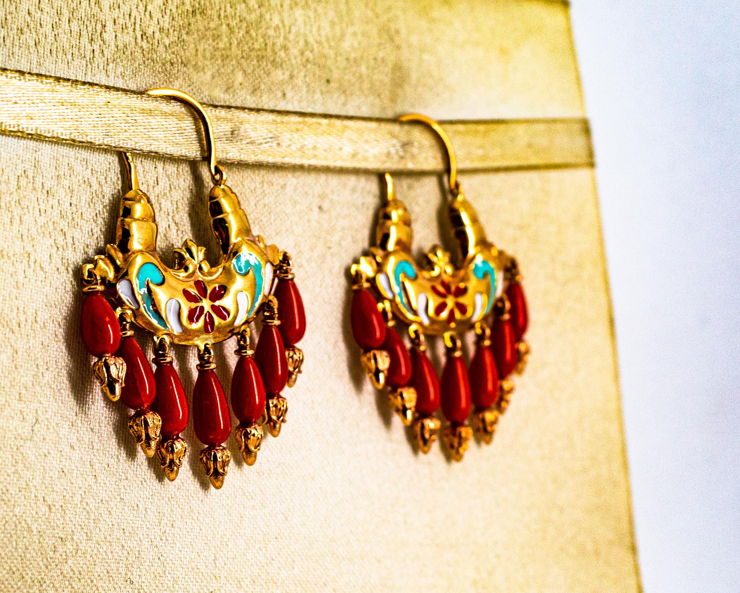 Mixed Cut Art Nouveau Style Mediterranean Red Coral Enamel Yellow Gold Stud Earrings For Sale