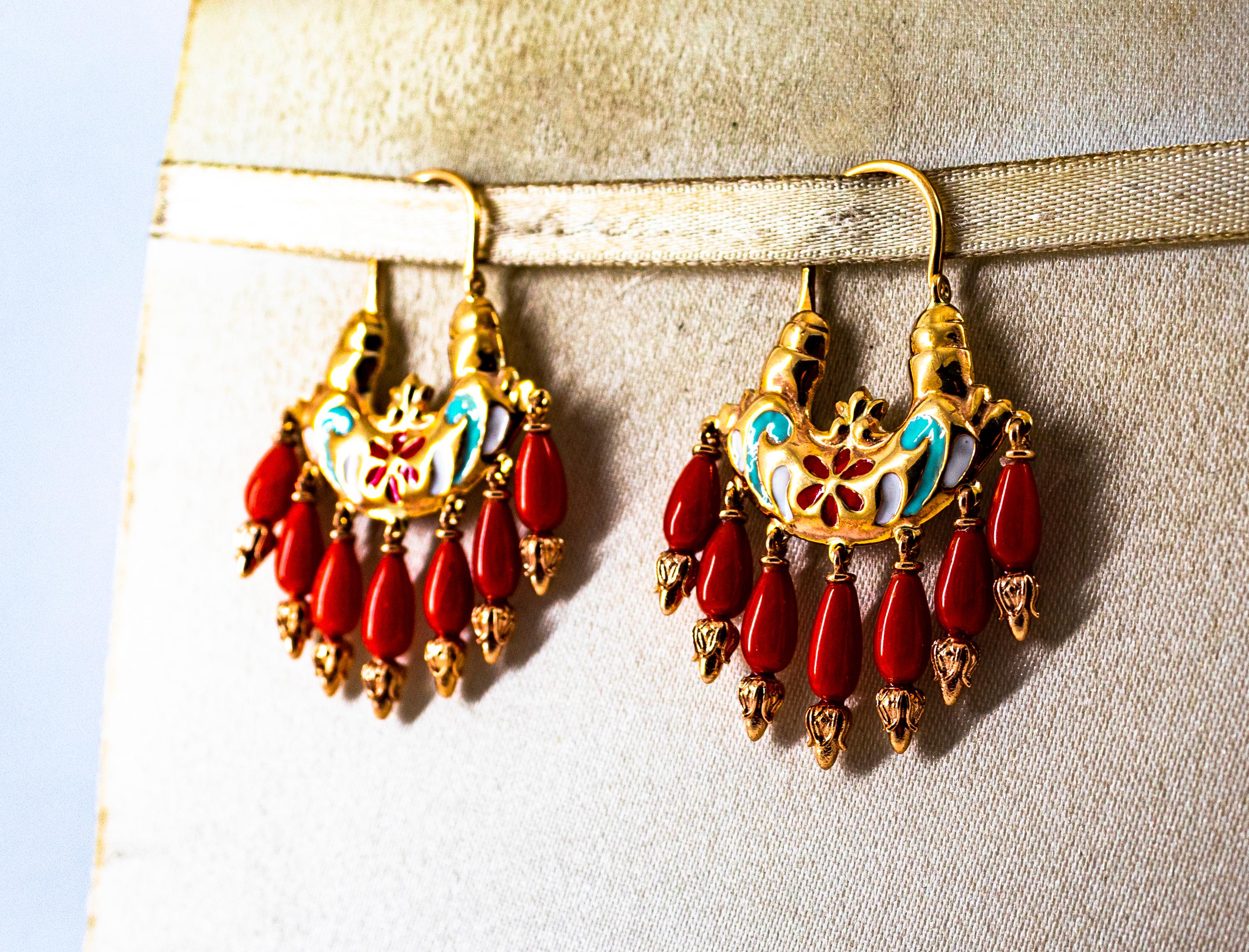 Art Nouveau Style Mediterranean Red Coral Enamel Yellow Gold Stud Earrings In New Condition In Naples, IT