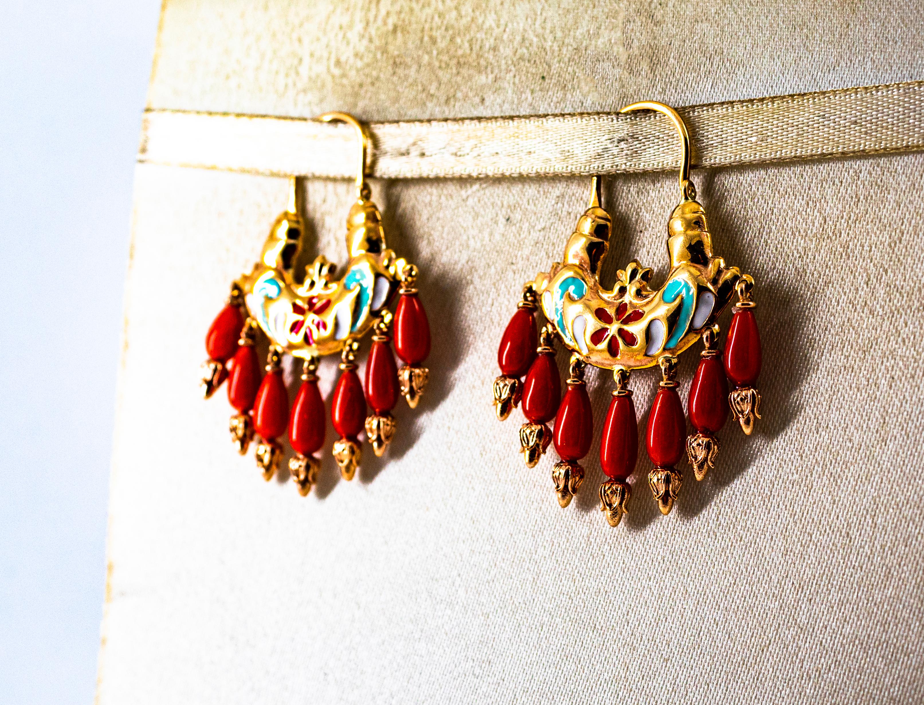 Women's or Men's Art Nouveau Style Mediterranean Red Coral Enamel Yellow Gold Stud Earrings For Sale