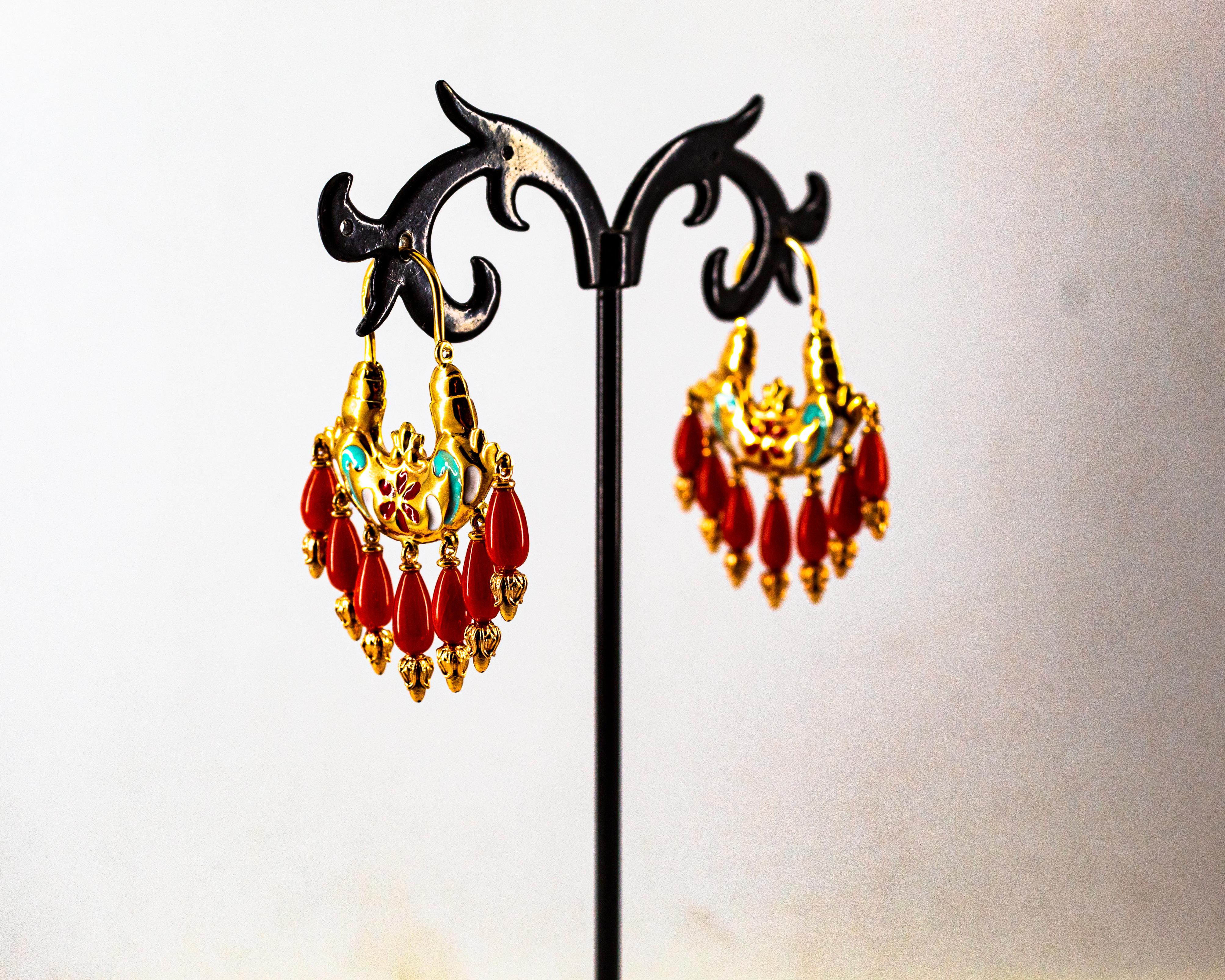 Art Nouveau Style Mediterranean Red Coral Enamel Yellow Gold Stud Earrings 1