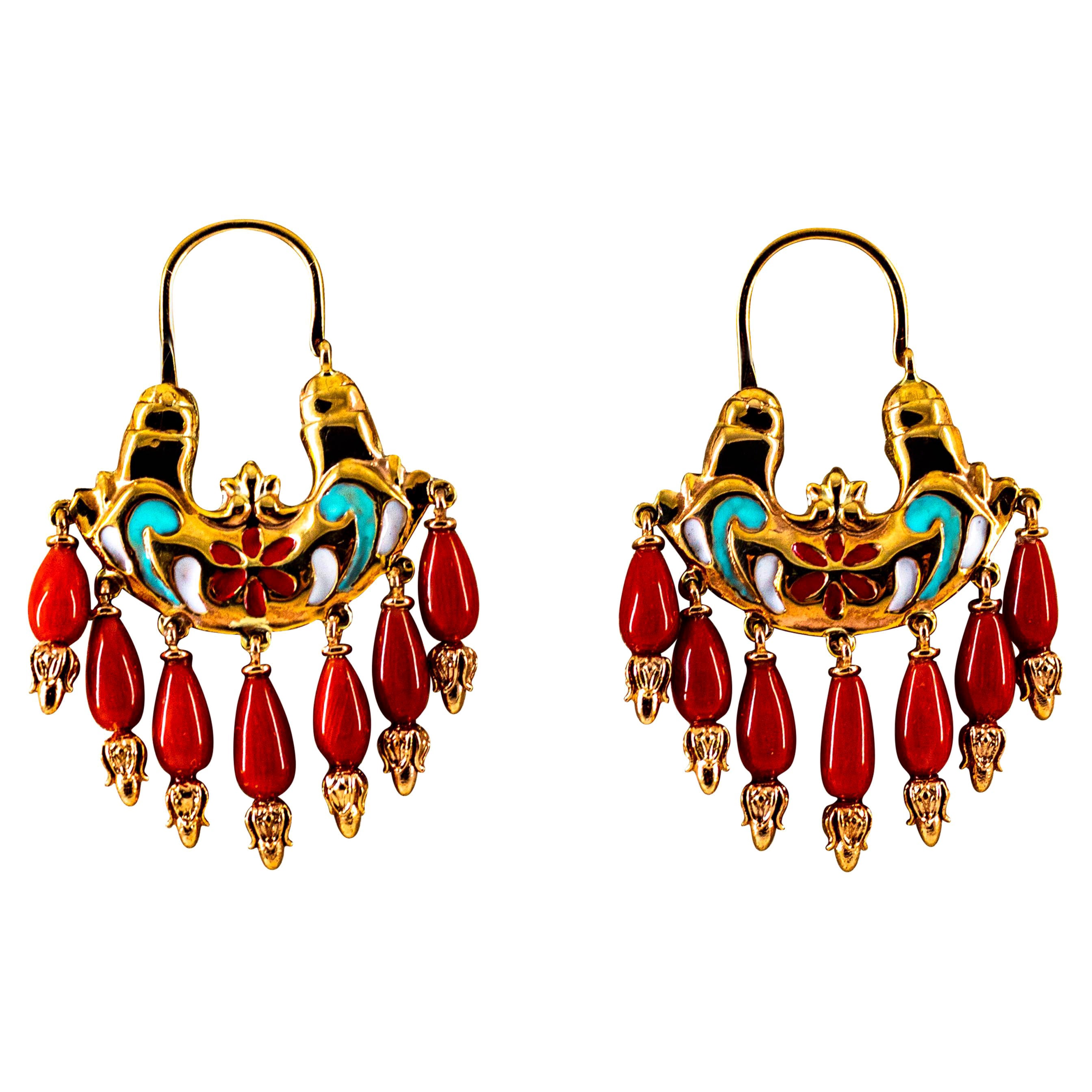 Art Nouveau Style Mediterranean Red Coral Enamel Yellow Gold Stud Earrings