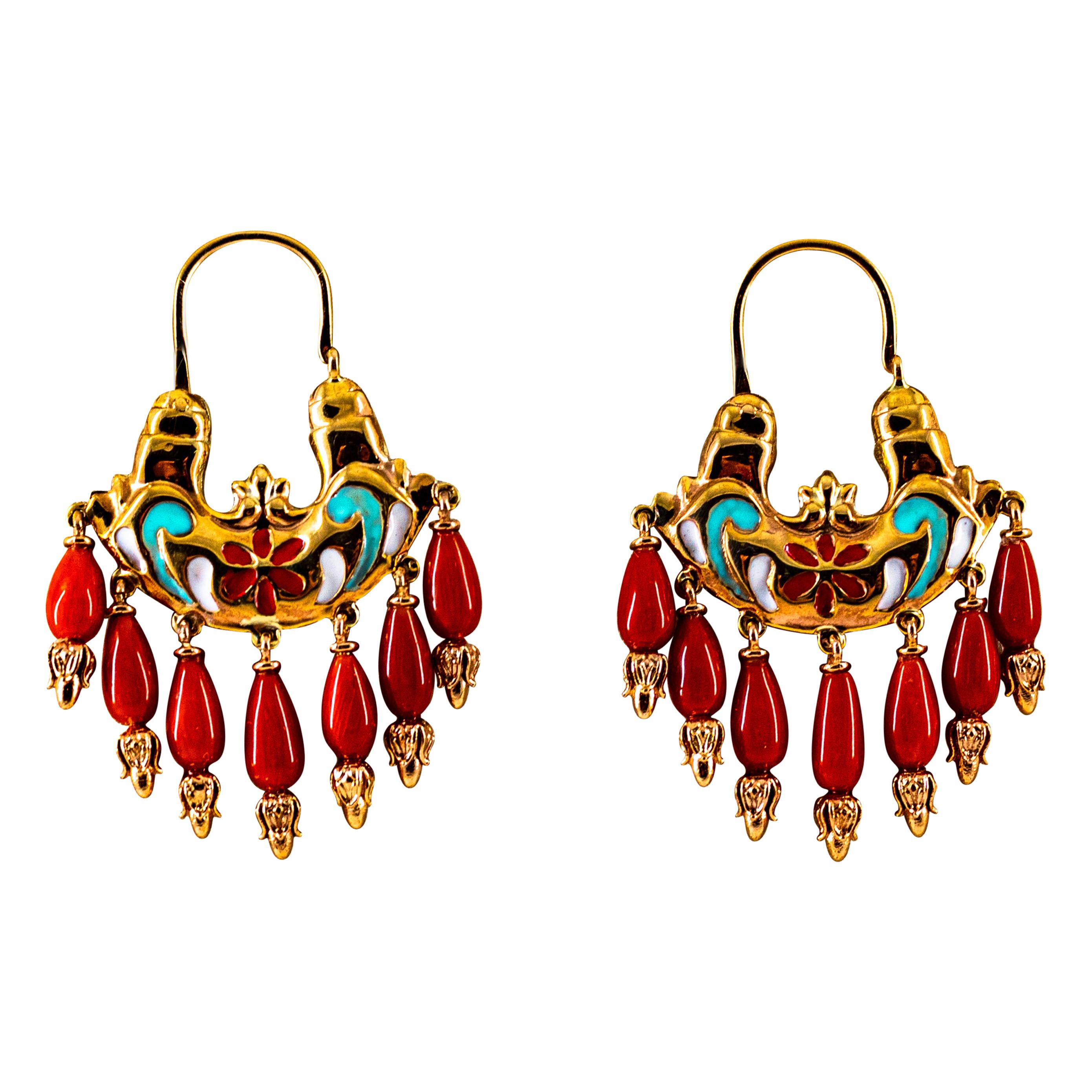 Ohrstecker im Jugendstil aus Gelbgold mit mediterraner roter Koralle und Emaille