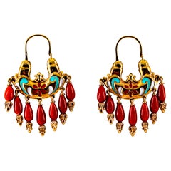 Art Nouveau Style Mediterranean Red Coral Enamel Yellow Gold Stud Earrings