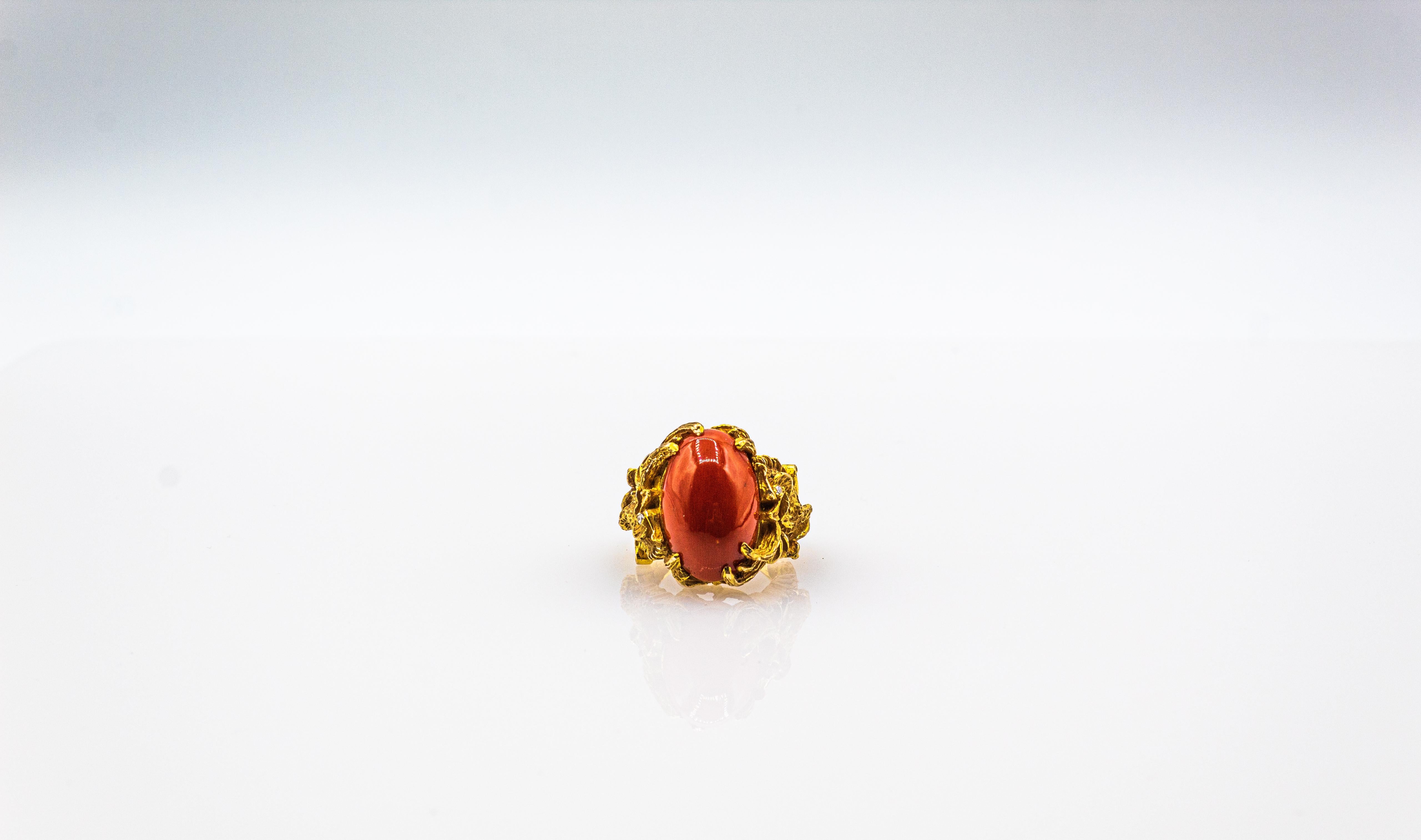 Art Nouveau Style Mediterranean Red Coral White Diamond Yellow Gold Dragons Ring For Sale 5