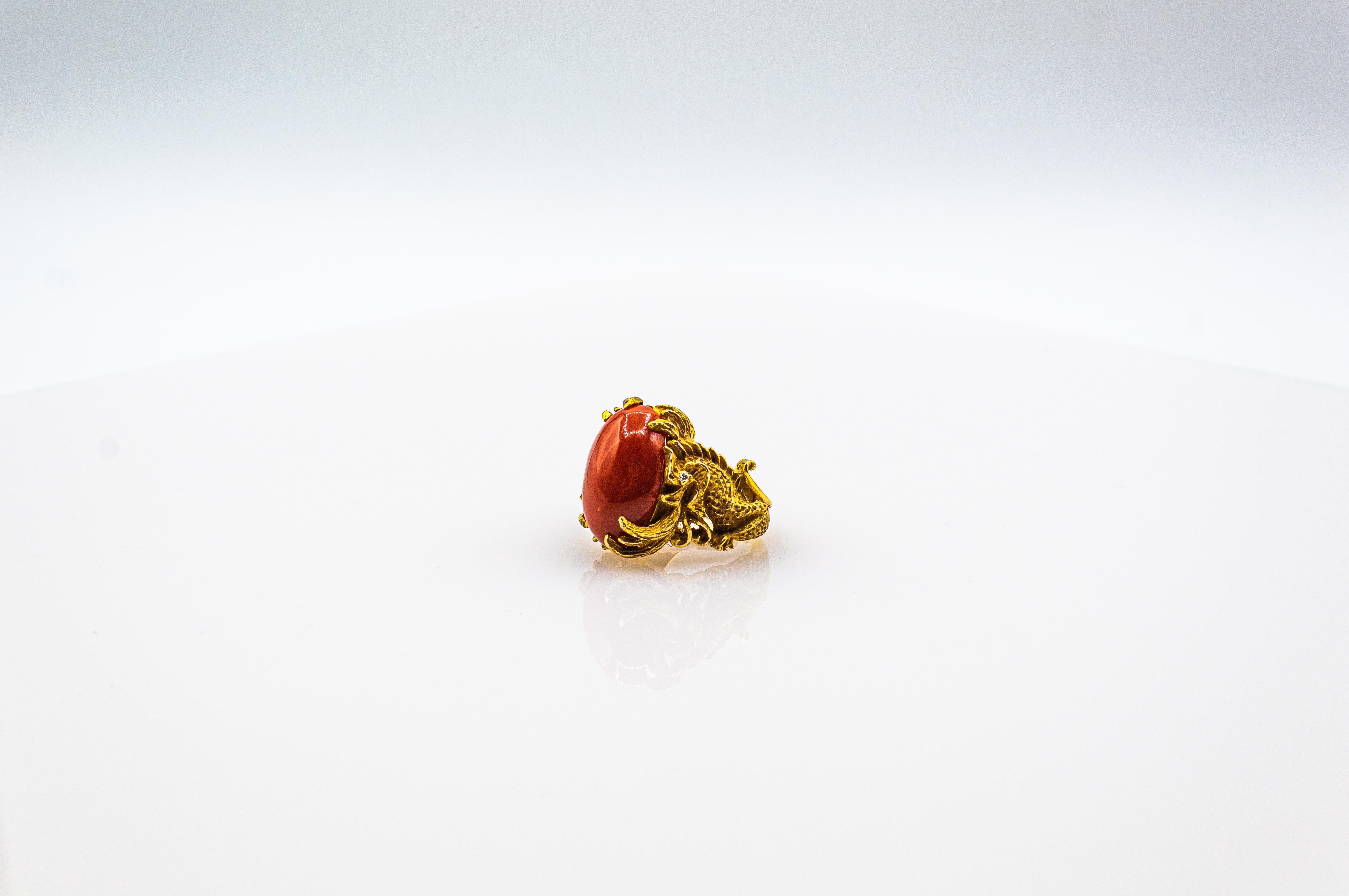Art Nouveau Style Mediterranean Red Coral White Diamond Yellow Gold Dragons Ring For Sale 6