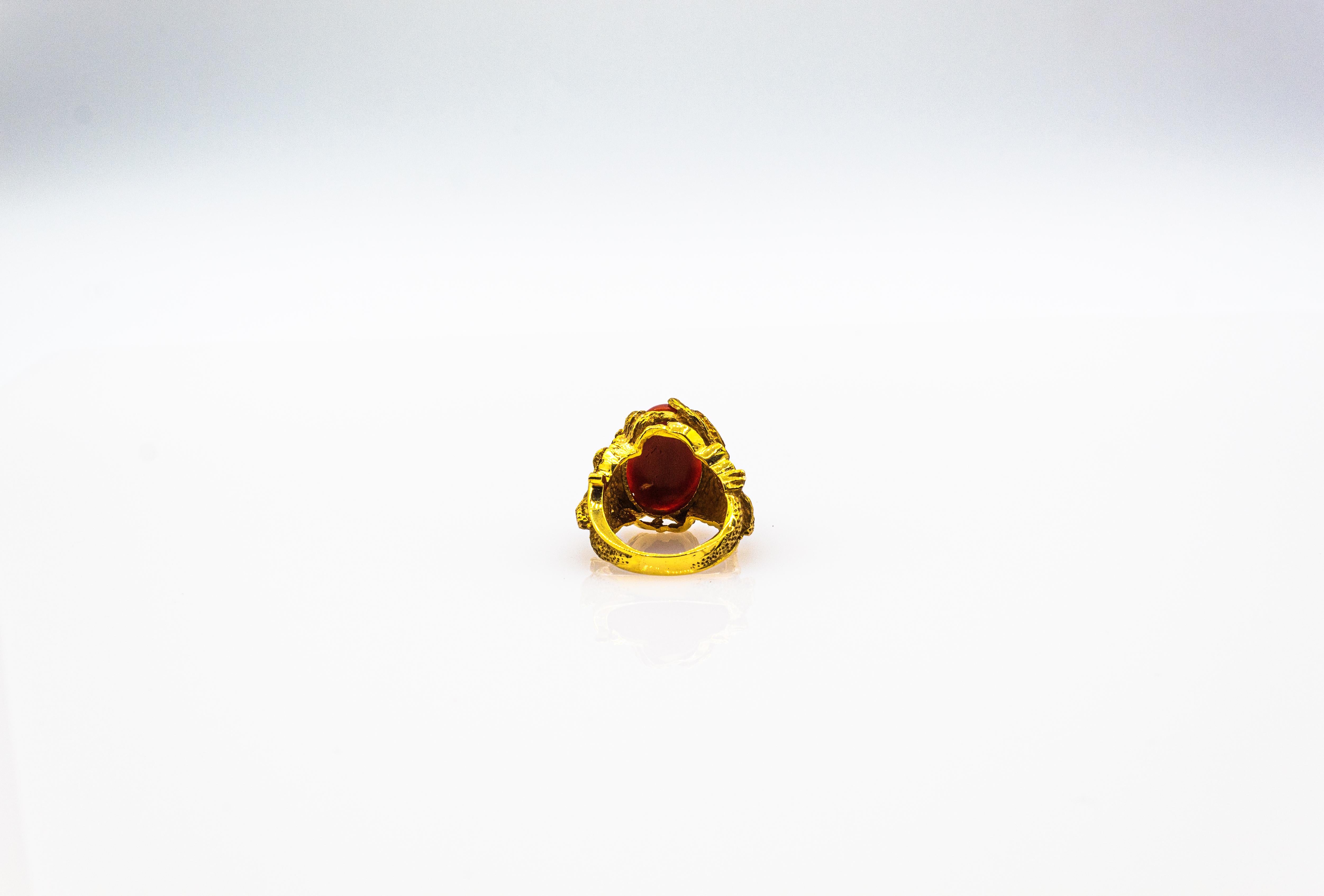 Art Nouveau Style Mediterranean Red Coral White Diamond Yellow Gold Dragons Ring 7