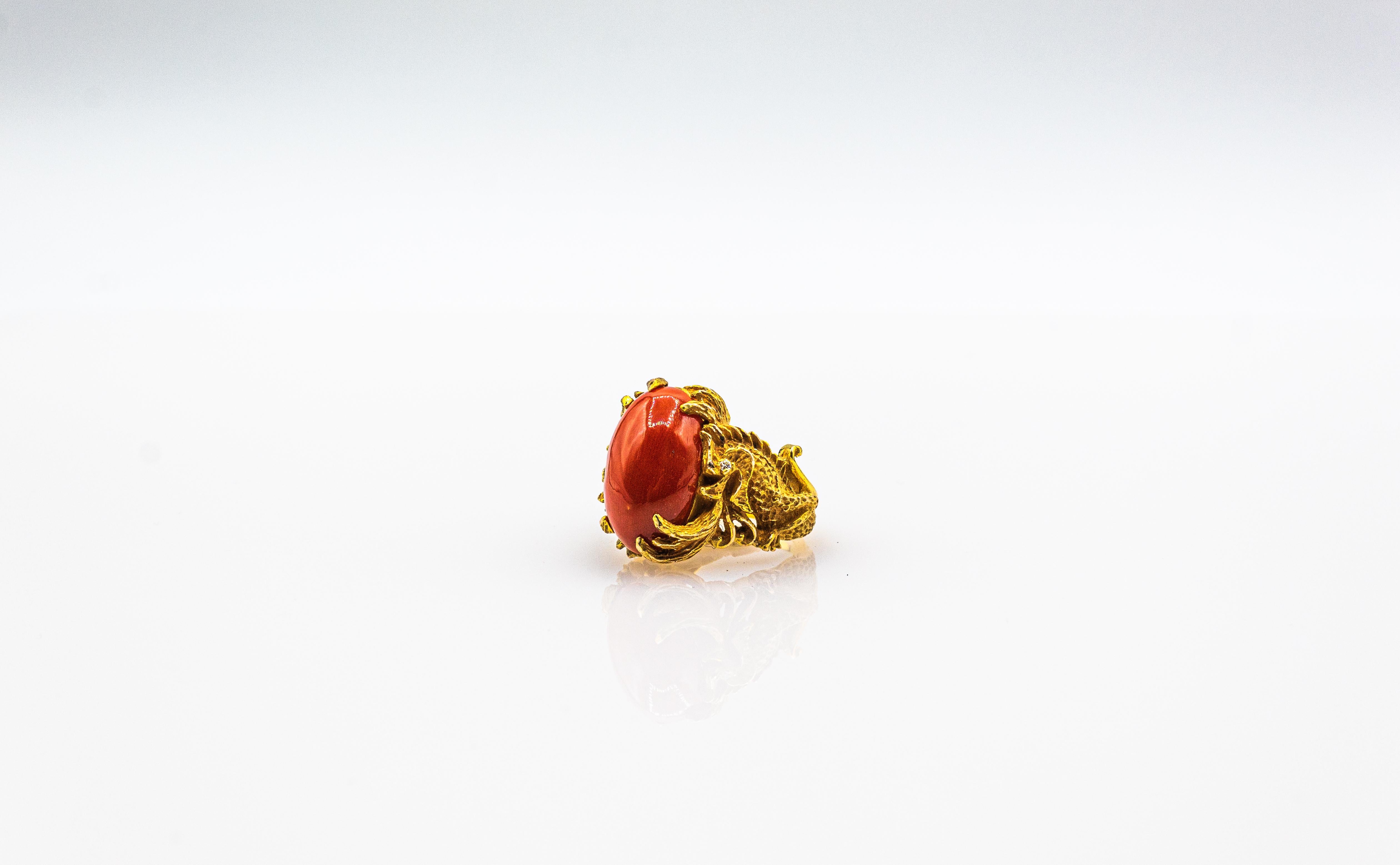 Art Nouveau Style Mediterranean Red Coral White Diamond Yellow Gold Dragons Ring 8
