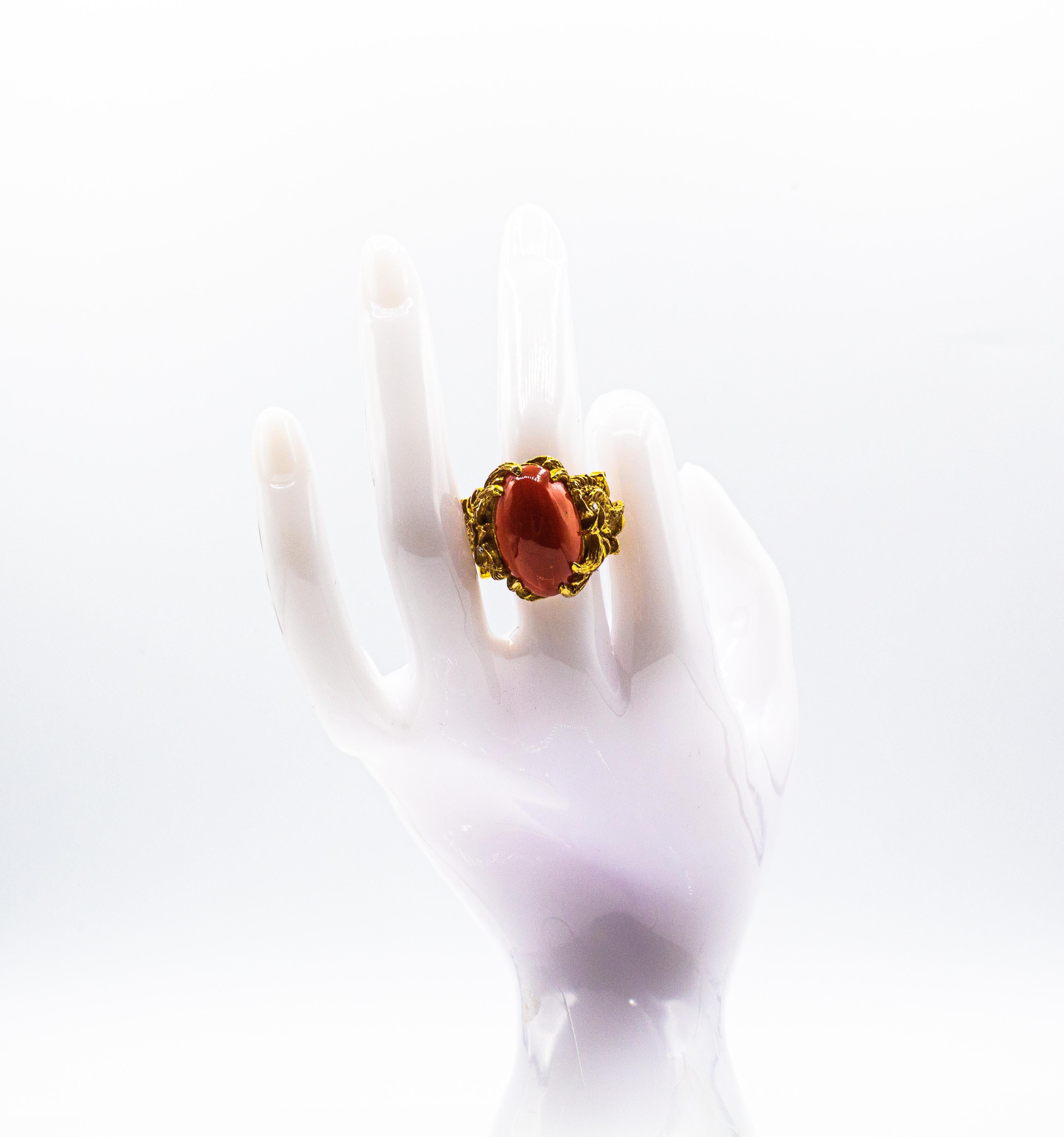 Art Nouveau Style Mediterranean Red Coral White Diamond Yellow Gold Dragons Ring 9