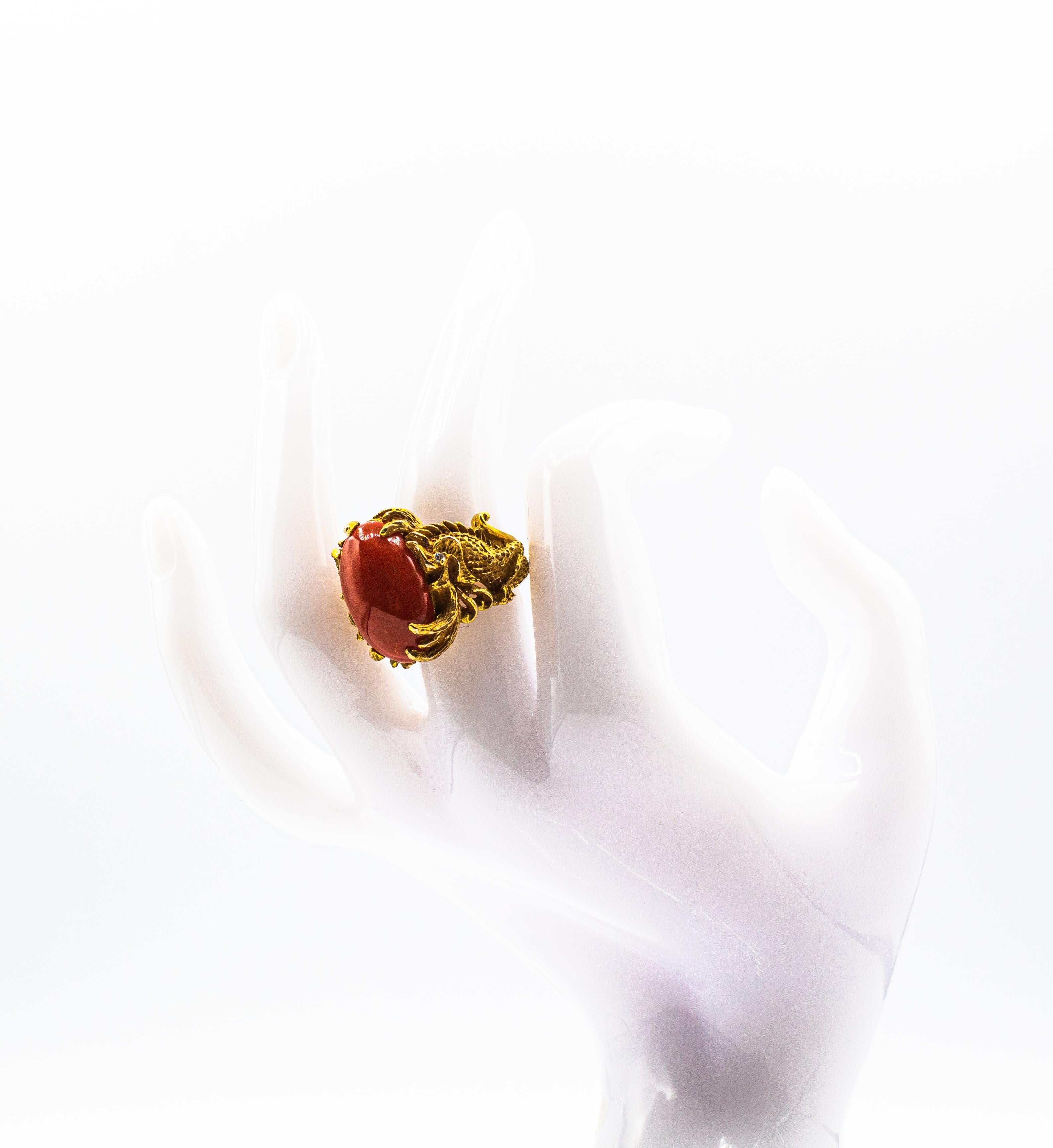 Art Nouveau Style Mediterranean Red Coral White Diamond Yellow Gold Dragons Ring 7