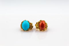 Art Nouveau Style Mediterranean Red Coral White Diamond Yellow Gold Dragons Ring