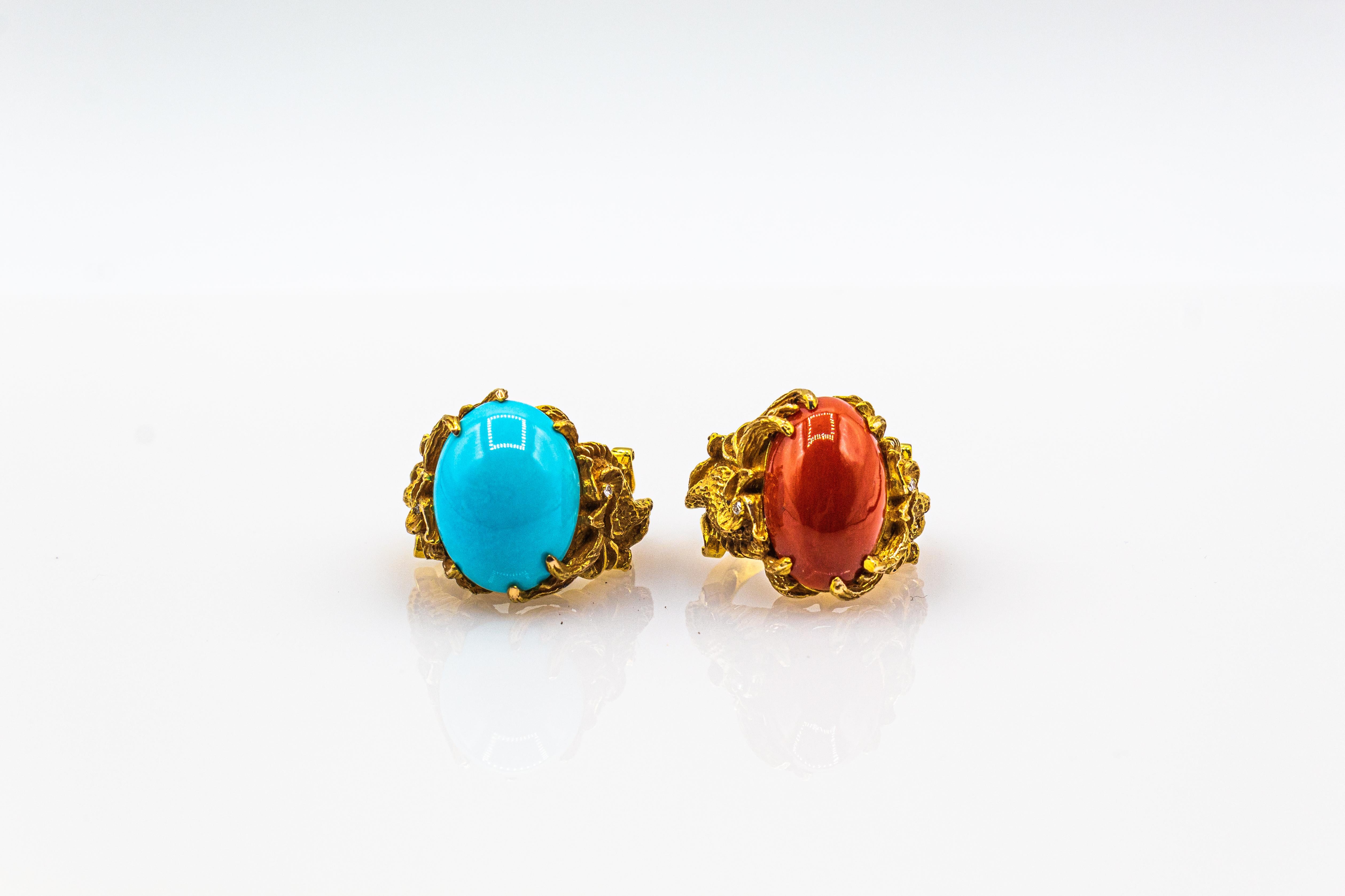 Cabochon Art Nouveau Style Mediterranean Red Coral White Diamond Yellow Gold Dragons Ring