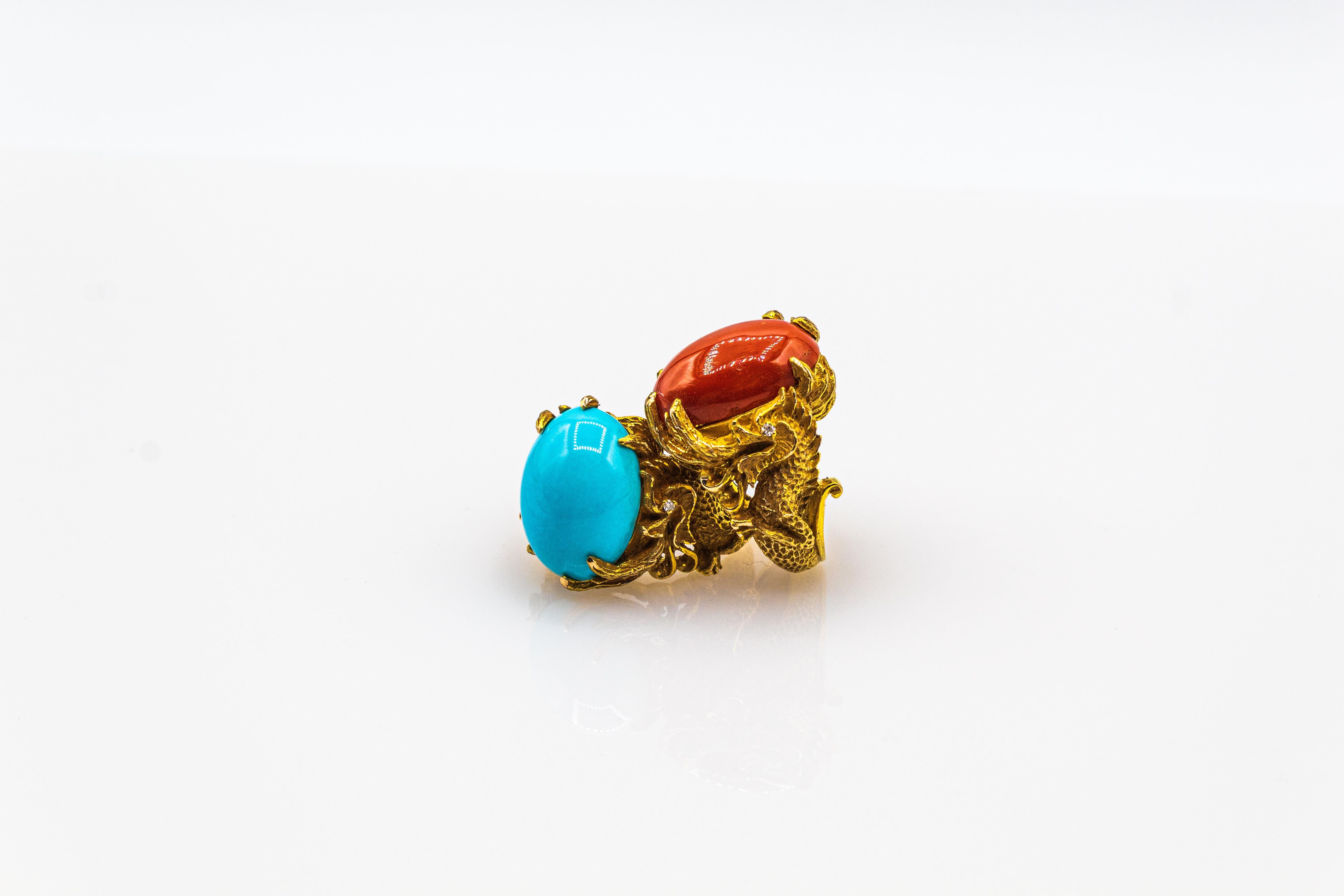 Women's or Men's Art Nouveau Style Mediterranean Red Coral White Diamond Yellow Gold Dragons Ring