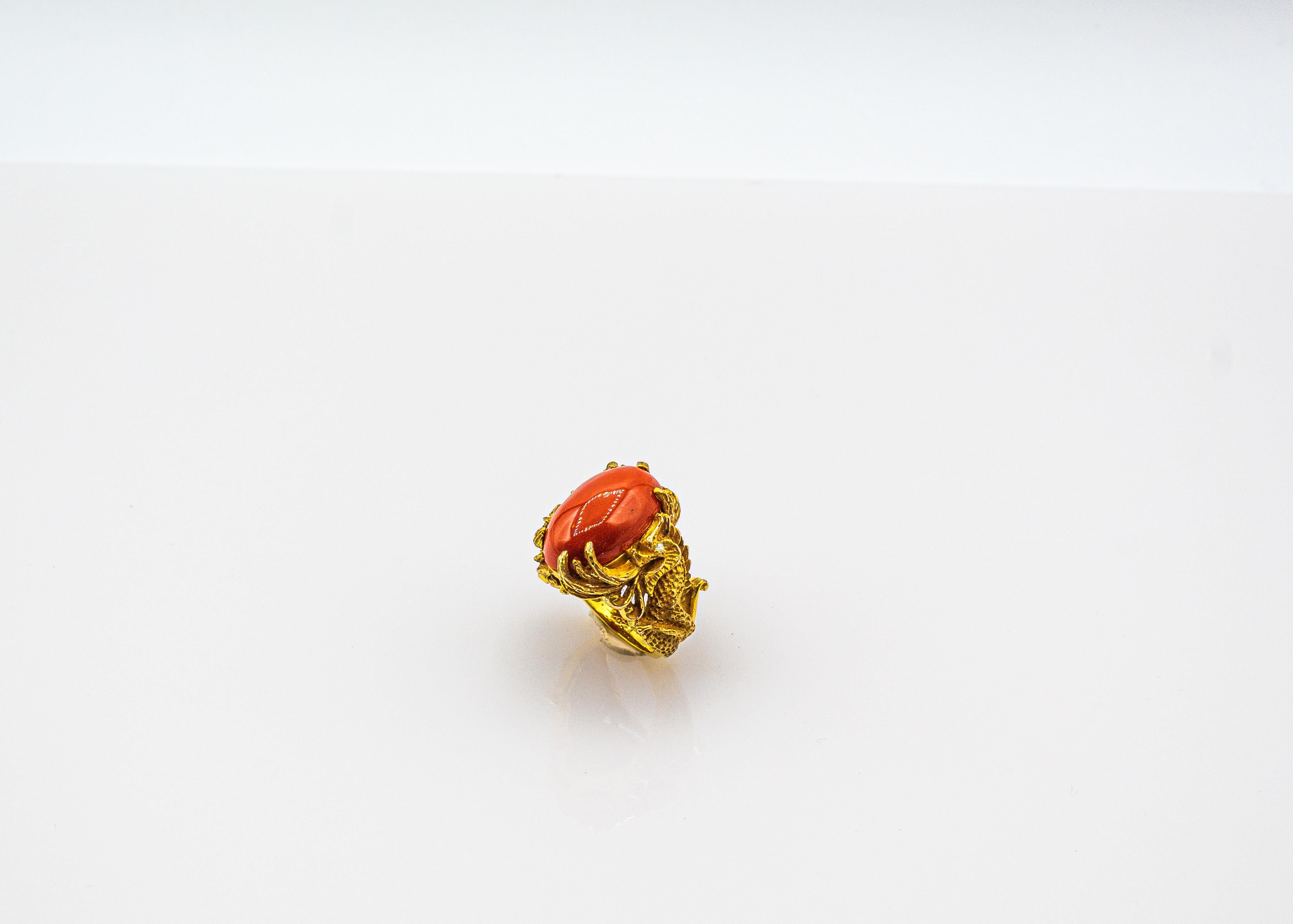 Cabochon Art Nouveau Style Mediterranean Red Coral White Diamond Yellow Gold Dragons Ring