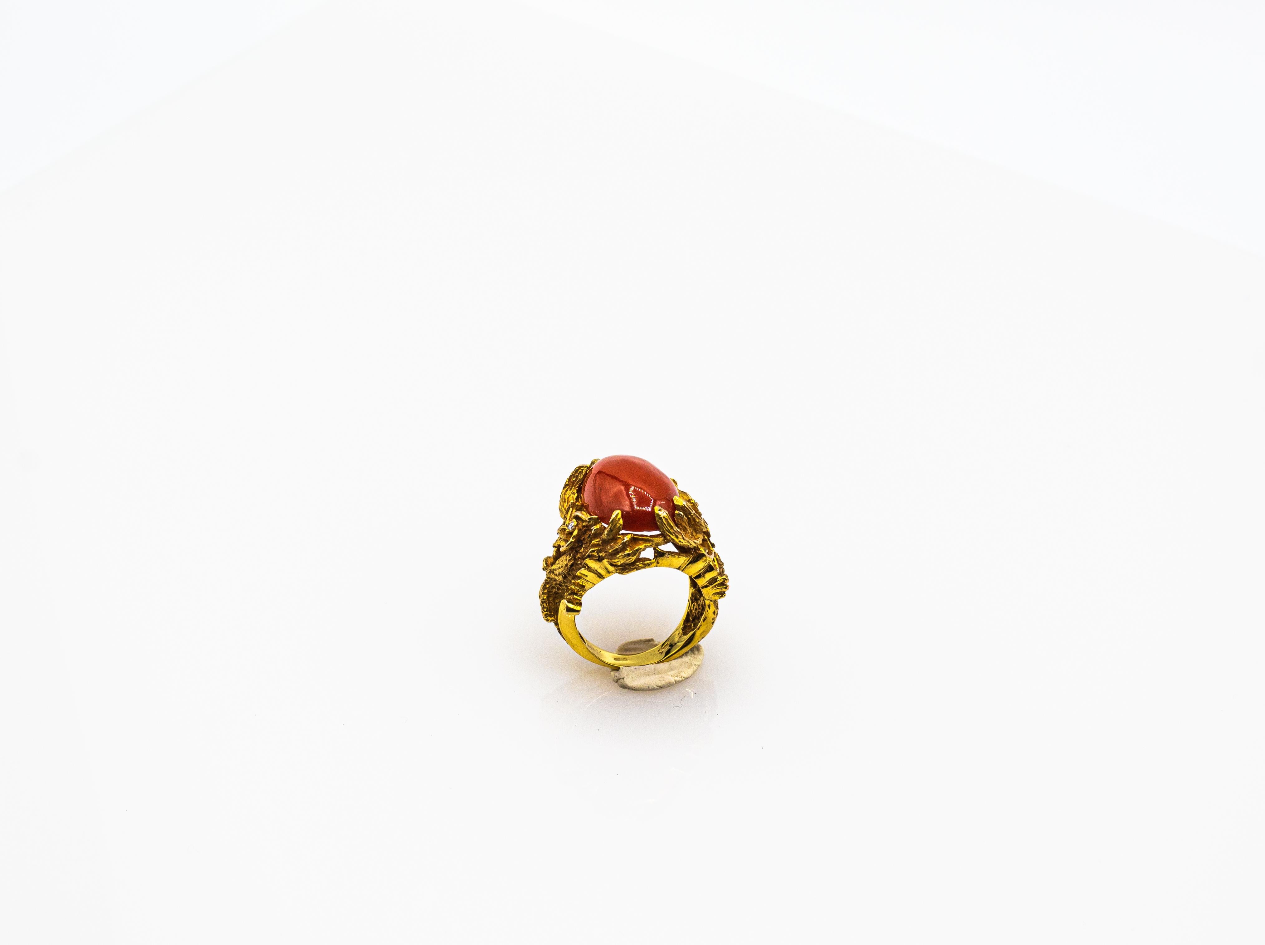 Women's or Men's Art Nouveau Style Mediterranean Red Coral White Diamond Yellow Gold Dragons Ring