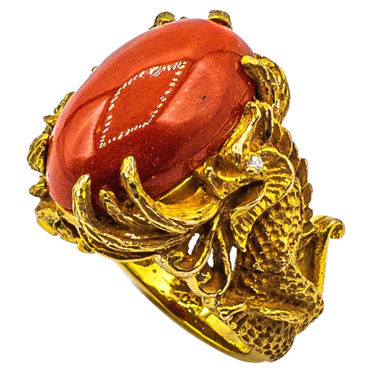 Art Nouveau Style Mediterranean Red Coral White Diamond Yellow Gold Dragons Ring For Sale
