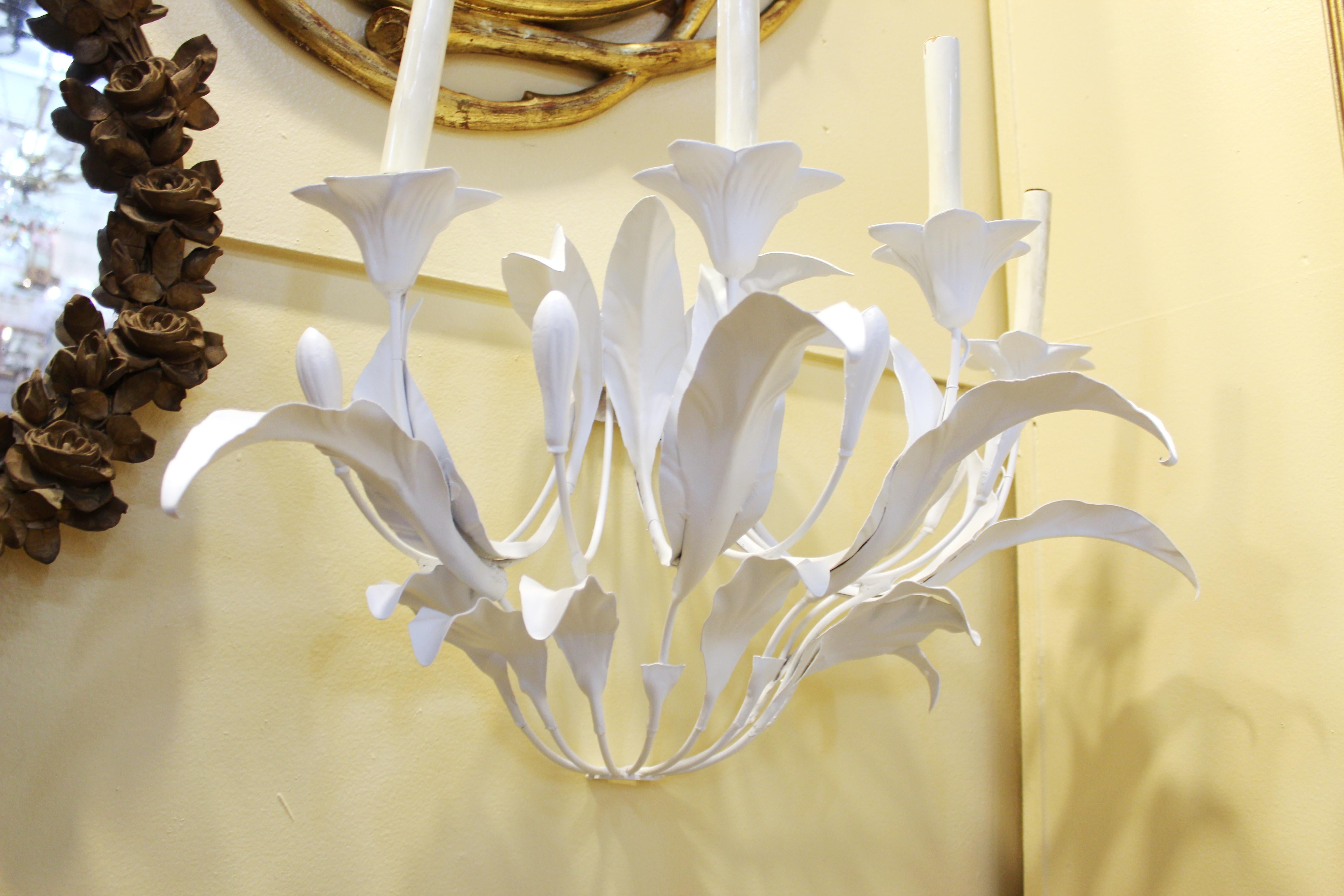 Art Nouveau Style Metal Floral Candelabra Sconces in White For Sale 7